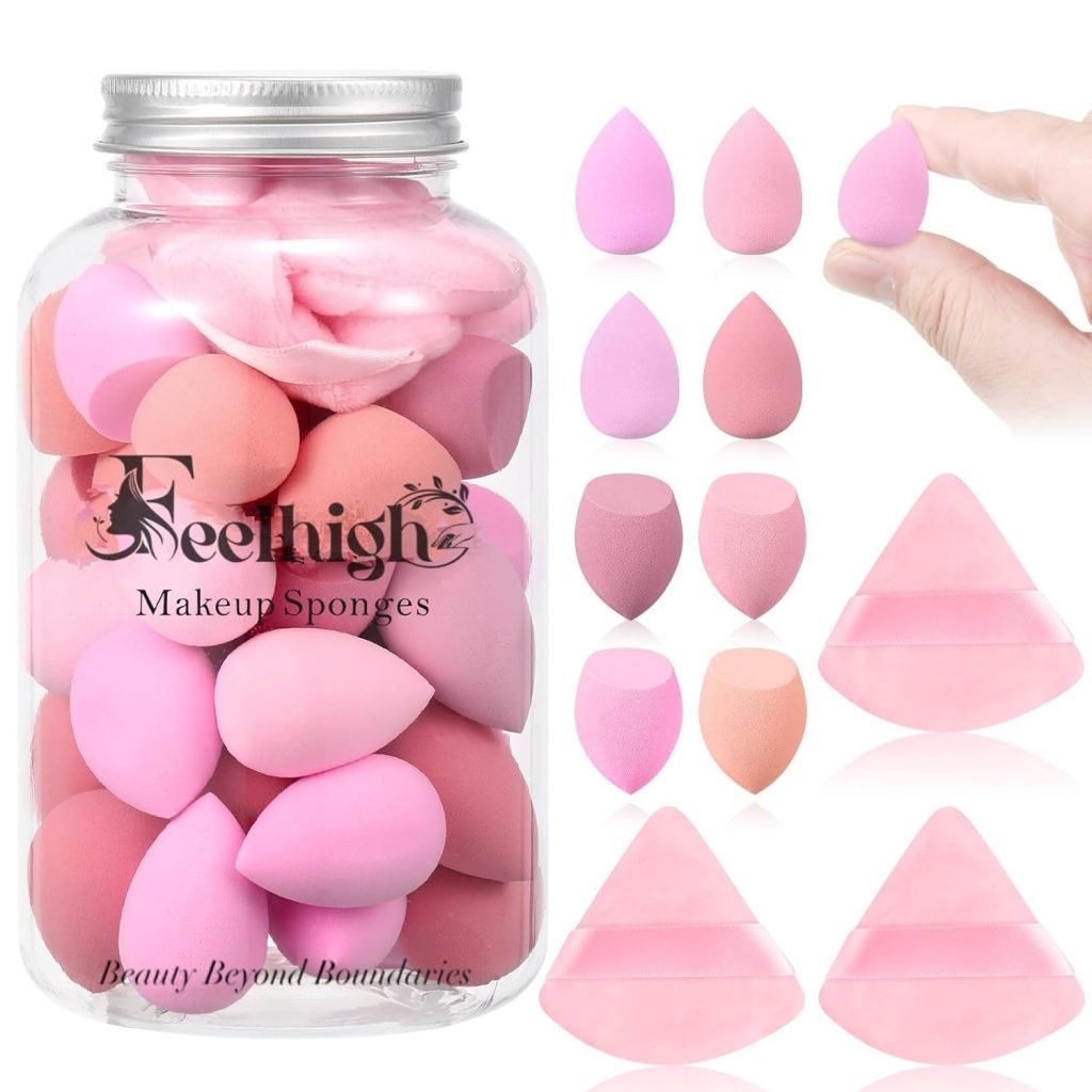 Feelhigh 40Pcs Mini Makeup Sponges Set with-33 Mini blender 4 Big Makeup Blender with 3 Pcs Powder Puff Valentine's Day Gift,Mother's Day Gift for Women for Foundation,Liquid,Powder,Concealer,Cream With Storange jar