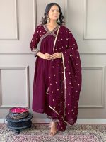 Naixa Women's Vichitra Silk Embroidered A-Line Kurta with Pant and Dupatta Sets for Wedding Party and Festival Wear (NX3_442-Wine-L) - Image 6