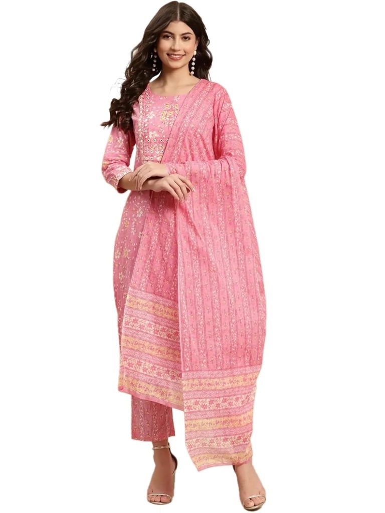YUVVIK Women's Pink Embroidered Kurta Pant and Dupatta Set