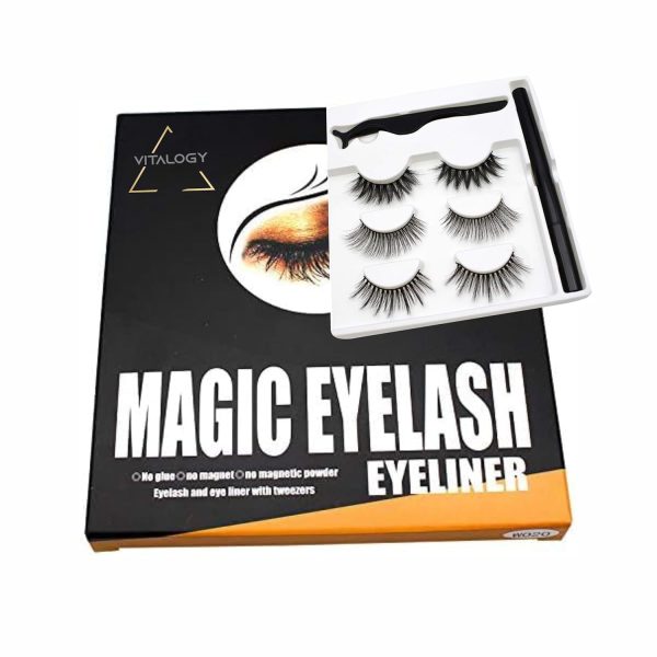 Vitalogy - Magnetic Eyelashes for Women - 3 Pairs REUSABLE Eyelashes with Tweezer Lash Applicator and Black Eyeliner - Best 3D Look, Reusable Fake Eye Lash, No Glue