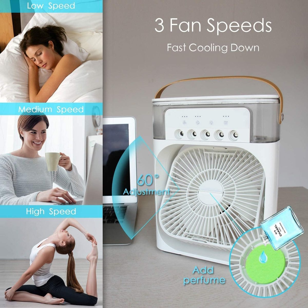 DPM Portable Air Conditioner Fan, Mini Evaporative Air Cooler with 7 Colors LED Light, 1/2/3 H Timer, 3 Wind Speeds, and 3 Spray Modes for Office, Home, Dorm, Travel Portable Air Conditioners - Image 2