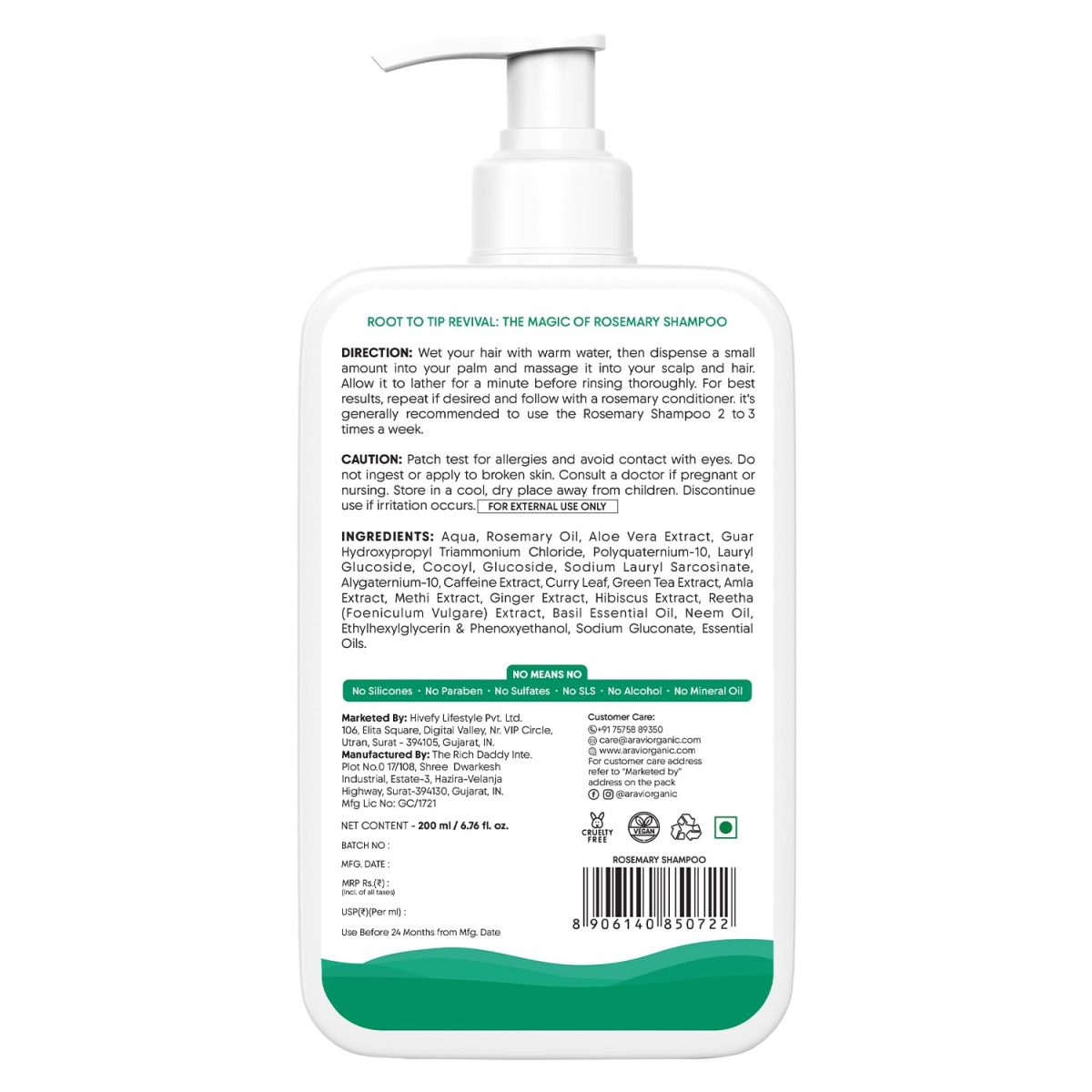 Aravi Organic Rosemary Anti-Hairfall Shampoo | Rosemary Shampoo for Hair Growth & Hairfall Control | Up to 94% Stronger Hair | Sulphate-Free for Men & Women | For All Hair Types | 200ml - Image 2