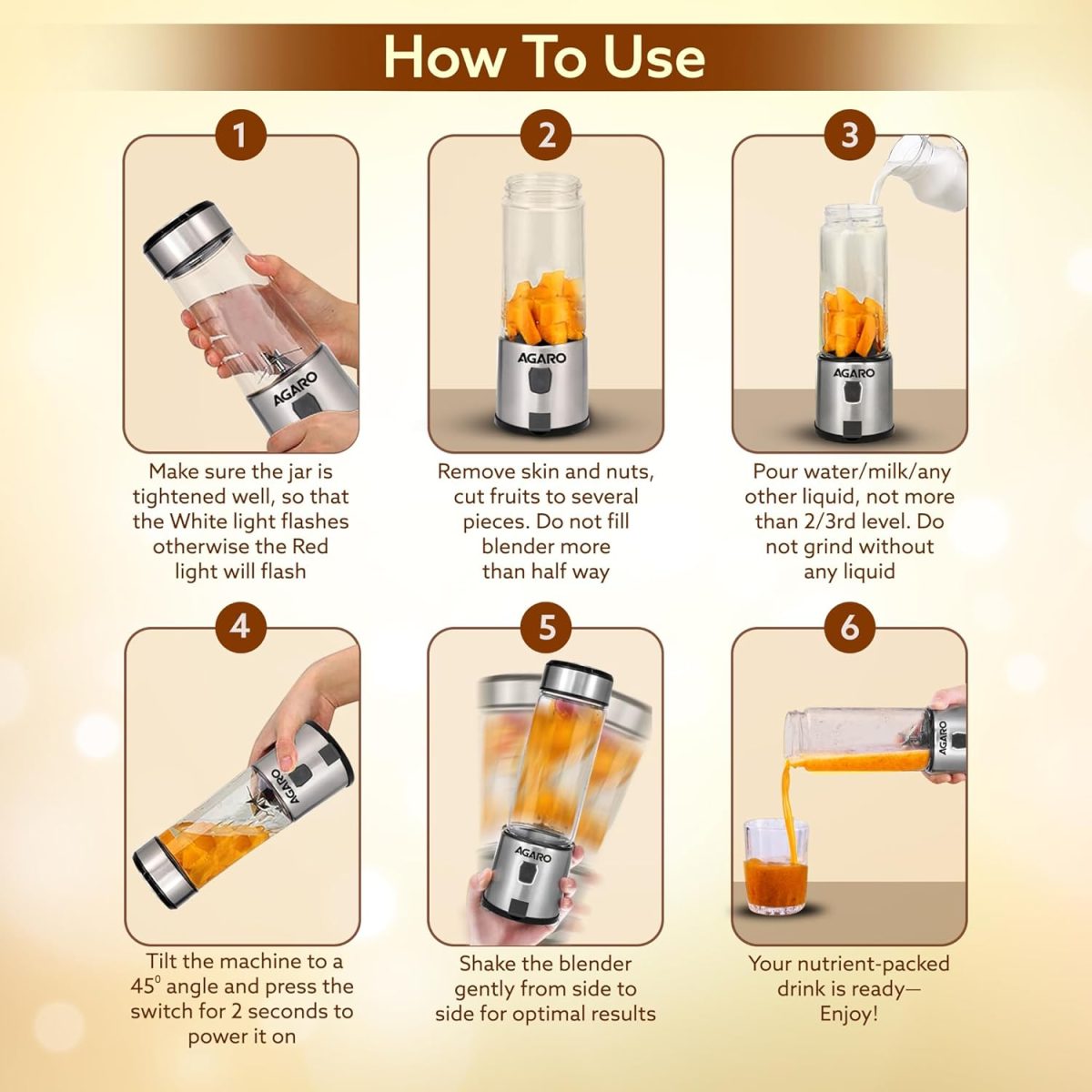 AGARO Galaxy Portable Blender, Portable Hand Blender For Kitchen, 450ml, For Smoothies, Shakes, 126W, 3000 mAh Battery, USB Rechargeable, Stainless Steel Blade. - Image 4