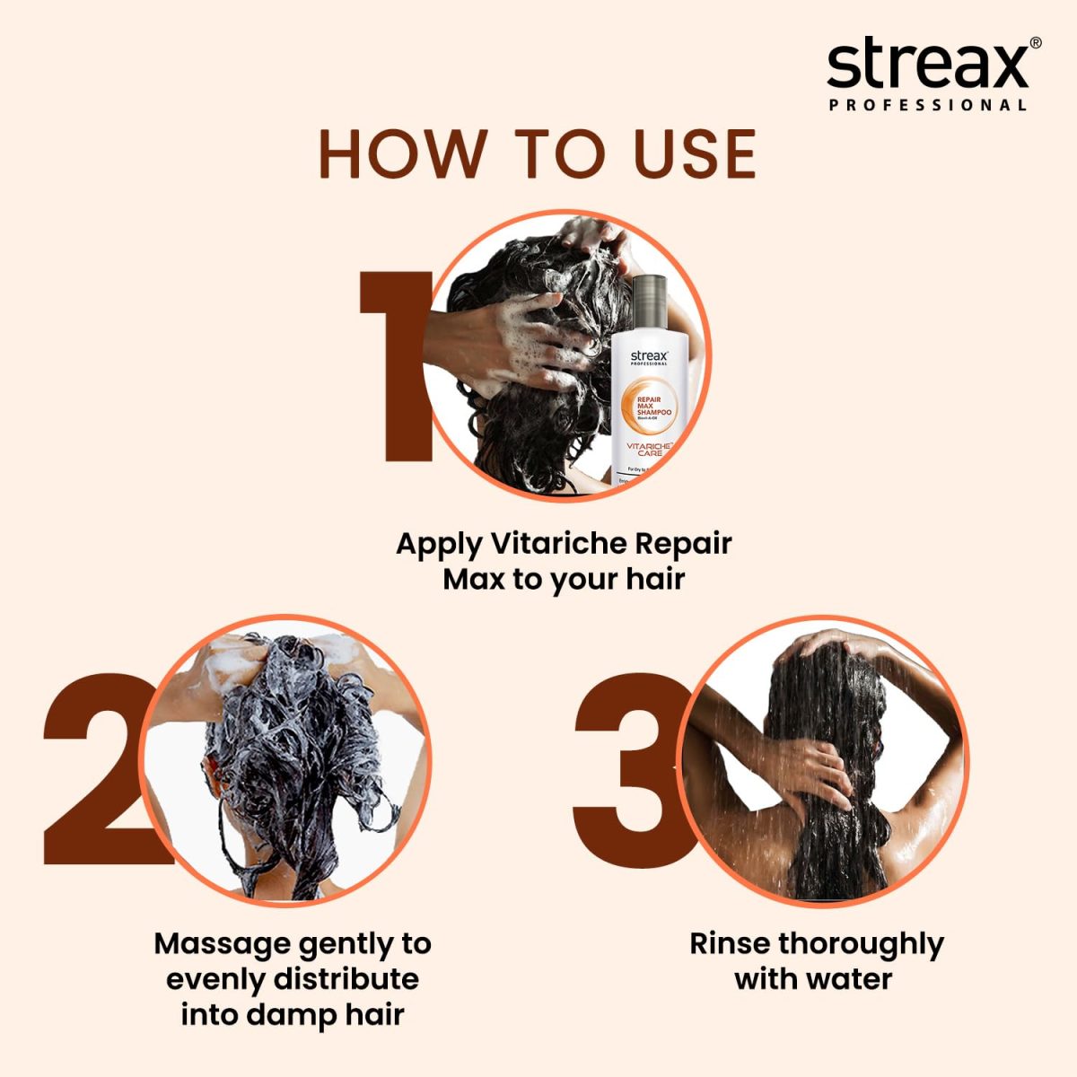 Streax Professional Vitariche Care Repair Max Shampoo,300ml| Mild Everyday Shampoo| Hair Shampoo for Women & Men|With Biovit-A-OX Complex, Hydrolysed Flax Protein & |Ceramide|For Dry, Damaged Hair - Image 5
