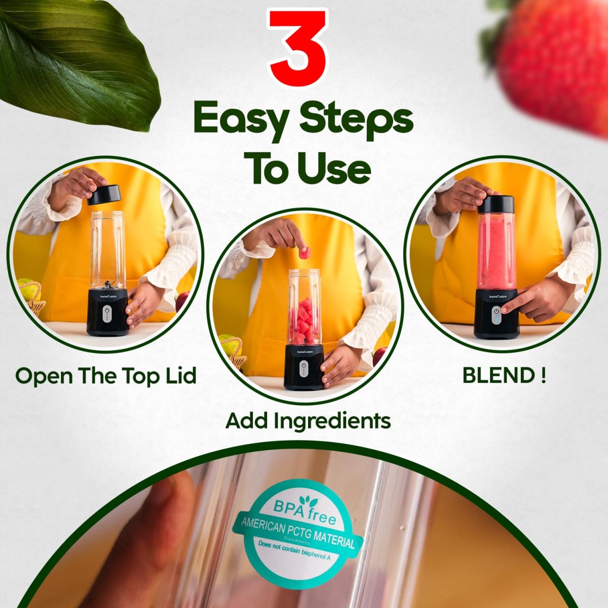 InstaCuppa Portable Blender for Smoothies and Juices, Mixer Juicer that Crushes Ice, Electric Shaker USB Rechargeable Battery with 4000 mAh 230 Watts Motor, 500 ML Juice Maker for Busy Moms - Image 4