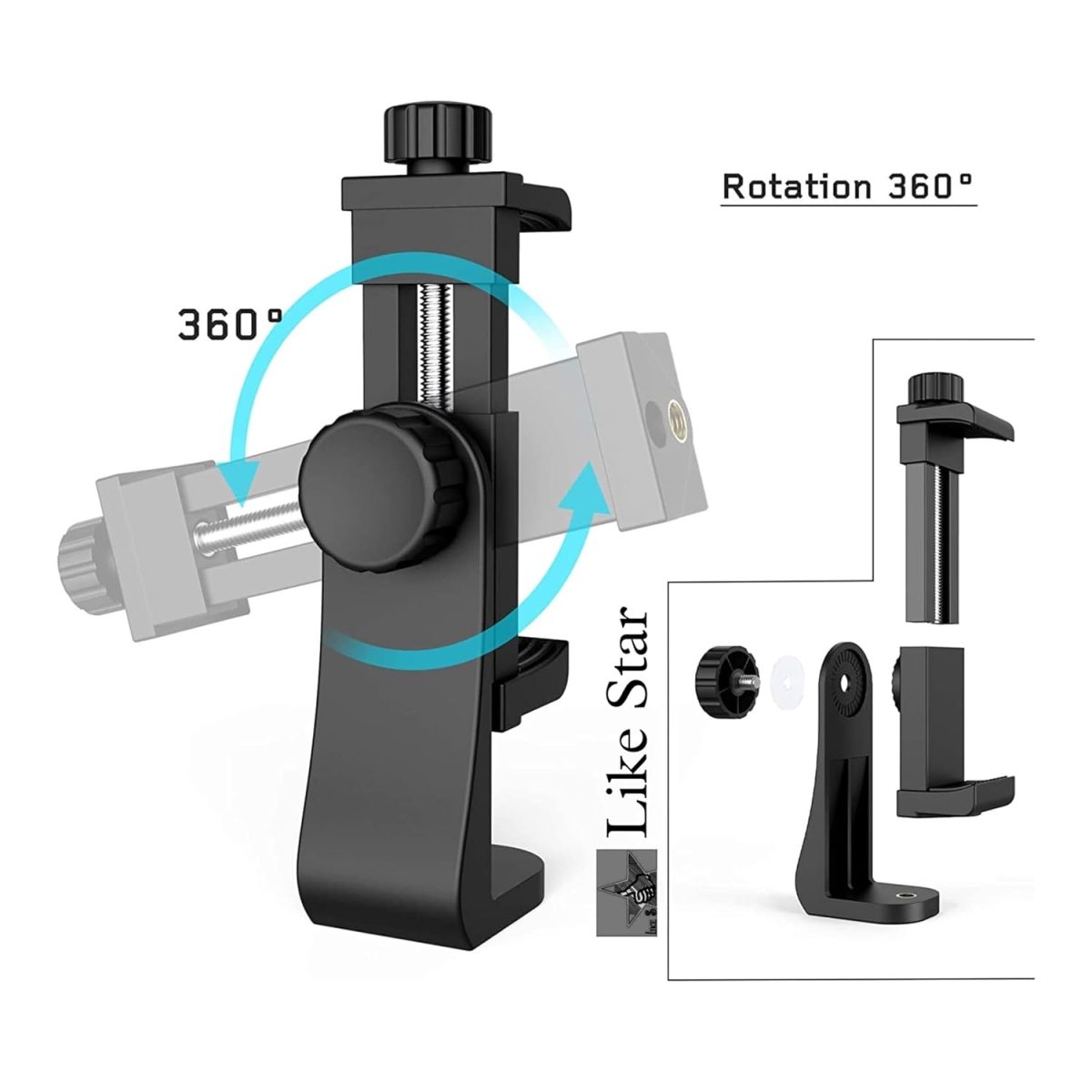 Like Star 360° Degree Mobile Phone Holder with Universal 1/4 Screw Adjustable Clamp Mobile Tripod Mount Adapter Compatible with Smartphones & TripodsnSelfie Stick (Black) - Image 2