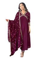 Naixa Women's Vichitra Silk Embroidered A-Line Kurta with Pant and Dupatta Sets for Wedding Party and Festival Wear (NX3_442-Wine-L)