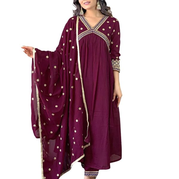 Naixa Women's Vichitra Silk Embroidered A-Line Kurta with Pant and Dupatta Sets for Wedding Party and Festival Wear (NX3_442-Wine-L)