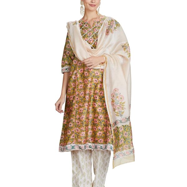 Amazon Brand - Myx Women's Silk Chanderi Handblock Printed Authentic Kurta Set with Dupatta (Sanganeri Print)