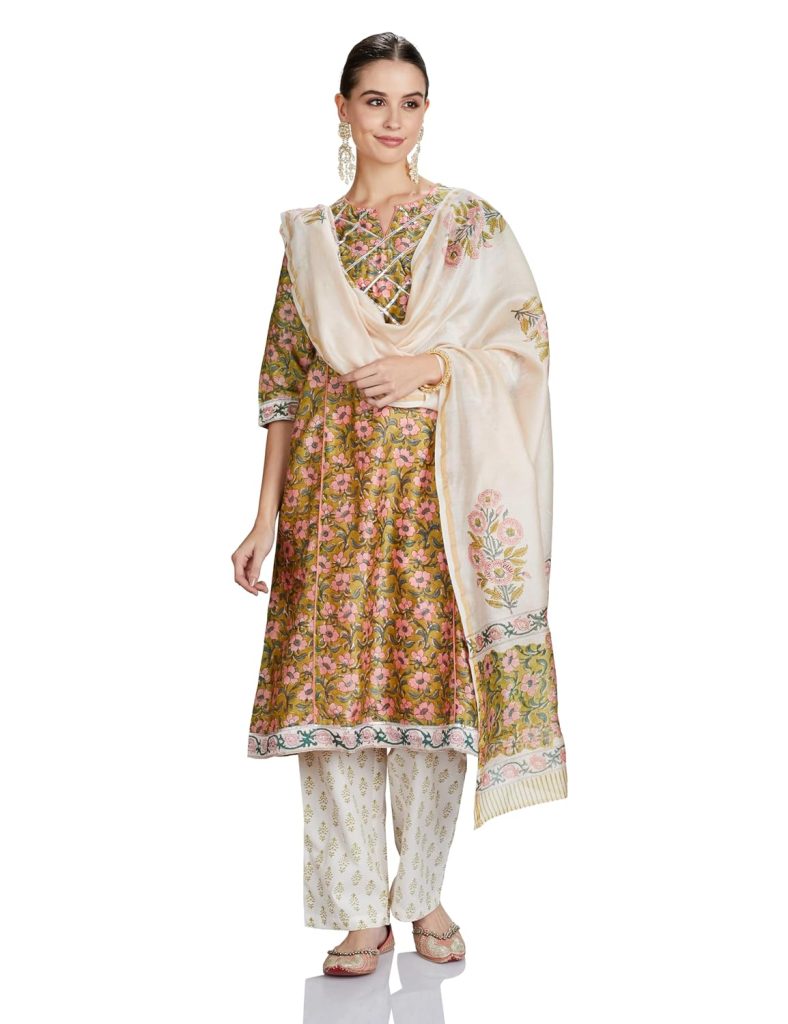 Amazon Brand - Myx Women's Silk Chanderi Handblock Printed Authentic Kurta Set with Dupatta (Sanganeri Print)