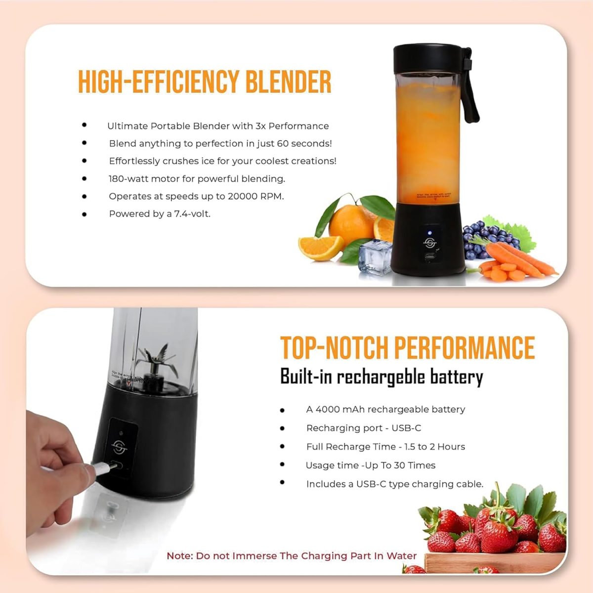 SOLARA Blendkwik Portable Blender for Juices, Shakes, Smoothies, Crushing Ice, USB Rechargeable Battery with 4000 mAh 180Watts Motor,450ml, Black Knight - Image 3