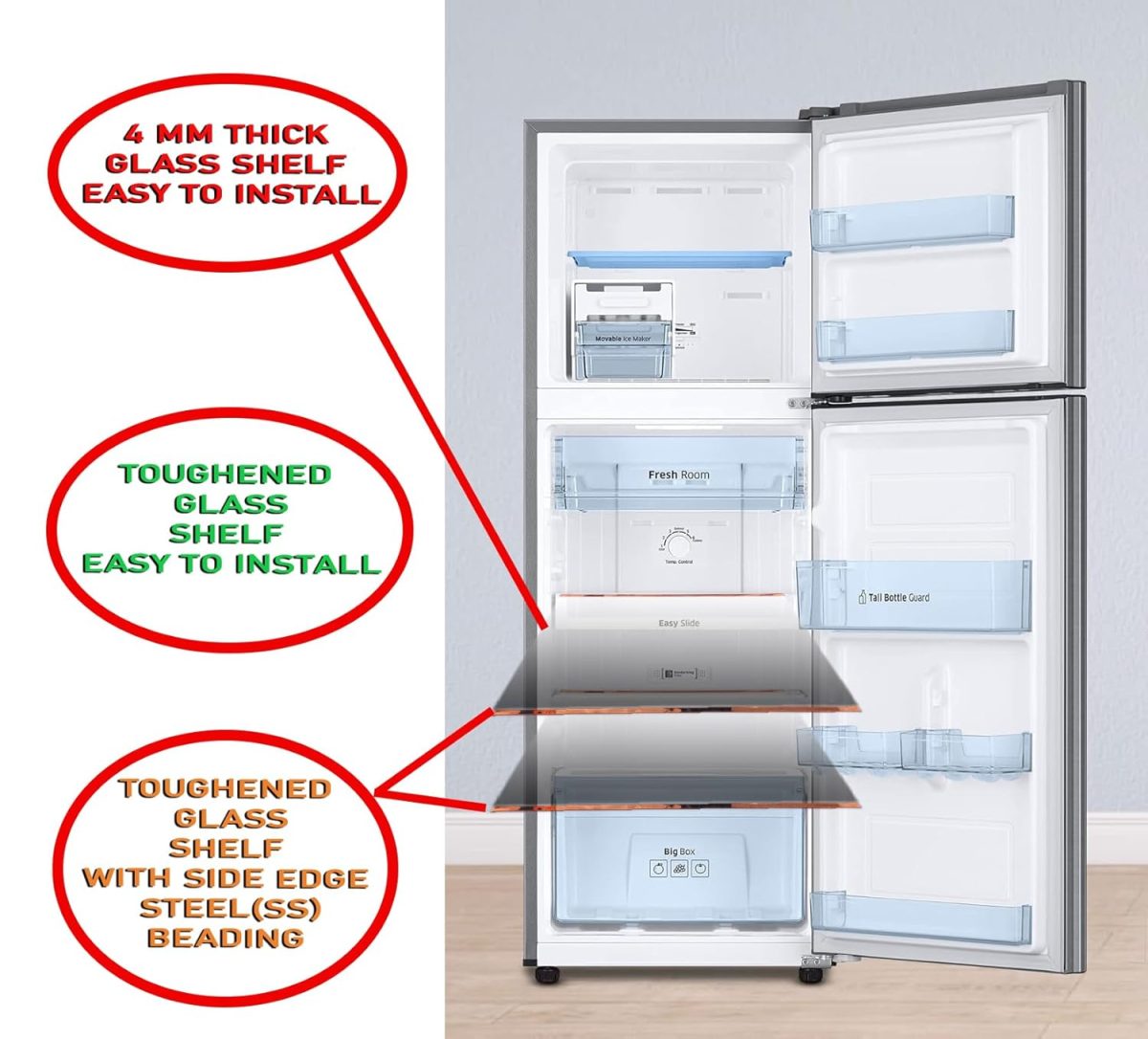 TIKSHA ENTERPRISES (445=450) 275 MM TOUGHENED Glass with Silver Bidding Compatible for Samsung Single Door. - Image 4
