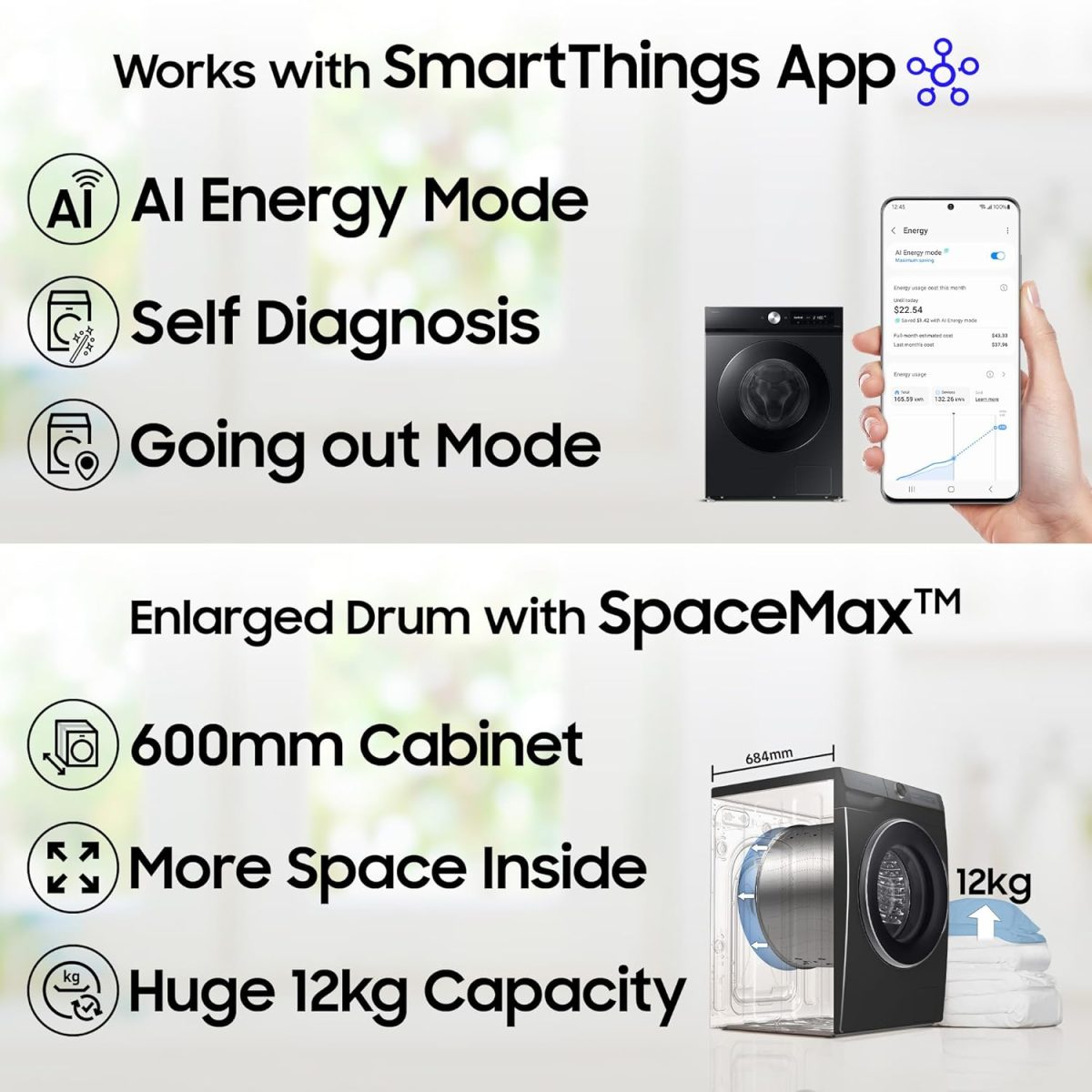 Samsung 12 kg, 5 Star, Super Speed, Wi-Fi, Hygiene Steam with Inbuilt Heater, Digital Inverter, Fully-Automatic Front Load Washing Machine (WW12DG5B24ABTL, Black) - Image 5