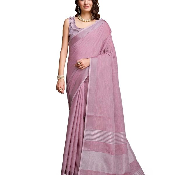SWORNOF Women's Linen Cotton Silk Saree with Unstitched Blouse Piece | Saree for Women | Saree with Blouse Piece | Soft and Skin Friendly