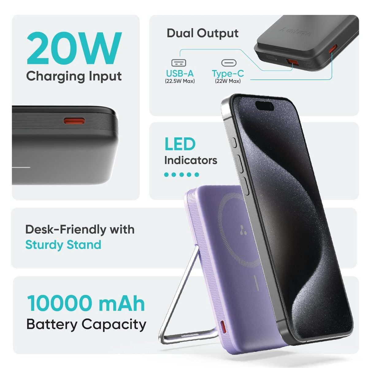 Ambrane 10000mAh MagSafe Powerbank with Stand 22.5W Wired & 15W Wireless Fast Charging Dual Input (Type-C & Lightning) | Triple Output | for iPhone 16/15/14/13/12 & Android Devices (PB11, Black) - Image 2