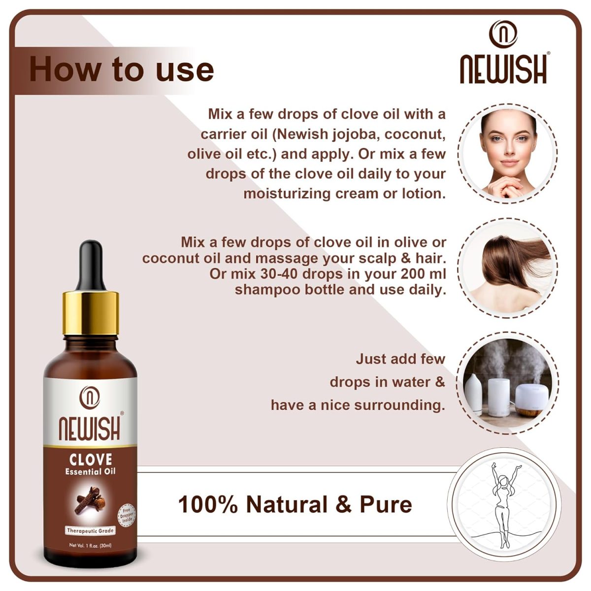 Newish Clove Oil 100% Pure & Natural, Undiluted, Best use Clove oil for Theeth Pain, Skin, Hair, Pimples, Acne, T Zone & Underarm - High Potency Premium Essential Clove Oil 30 ml - Image 3