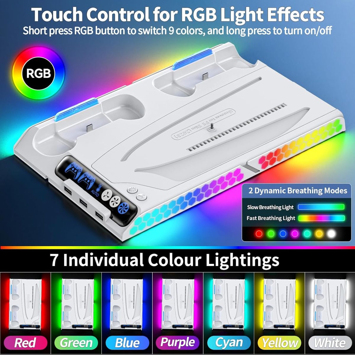 KDD PS5/PS5 Slim Stand with Auto Turbofan, 3-Level Cooling Fans, RGB Lights, Accessories for PS5 2023 Slim & 2020 Digital/Disc Consoles - Image 4