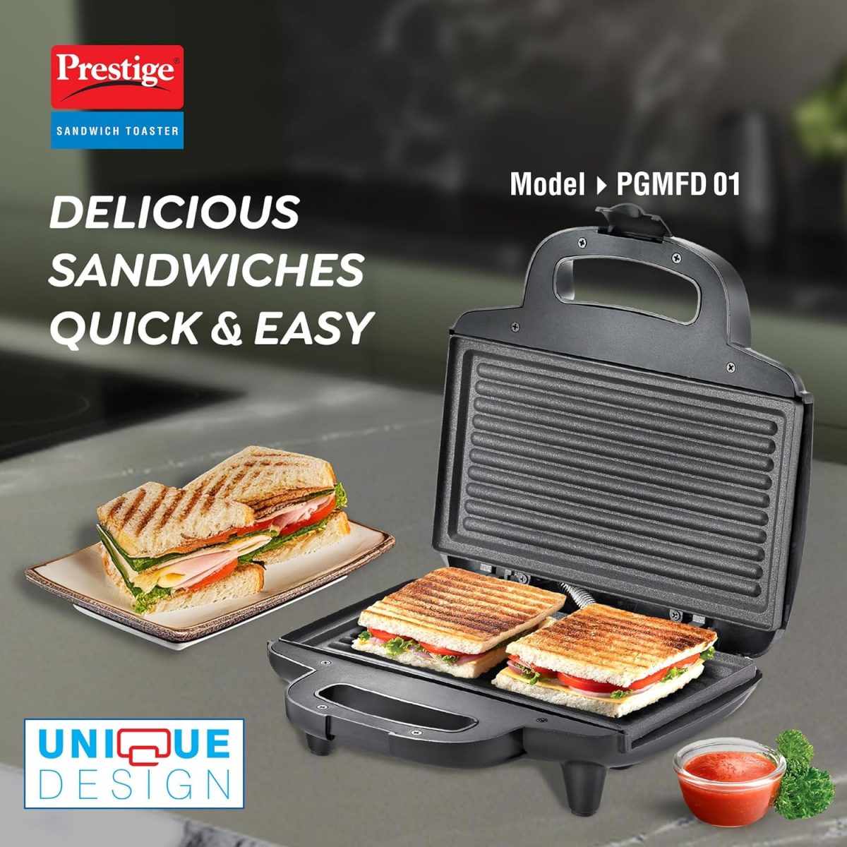 Prestige 800W Sandwich Maker (PGMFD 01)| Black | Heat Resistant Bakelite Body |Non-Stick Coating | Power Indicators | Oil Free Toasting - Image 7
