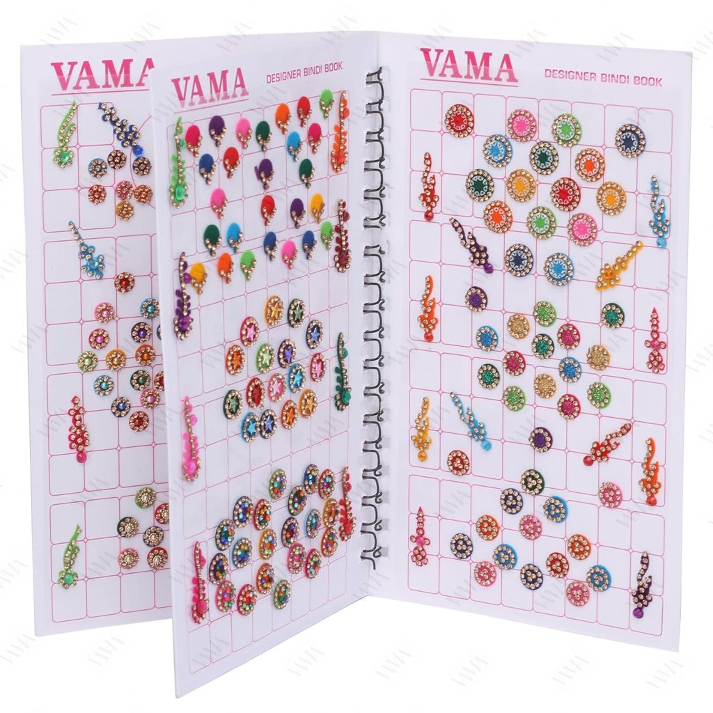 VAMA Multicolor Mix Size Mix Designer Assorted Velvet Self-Adhesive Paper Cutting Golden Diamond Stone Round Long Sparkle Kumkum Bindi Book For Women, 17 Cm X 10 cms