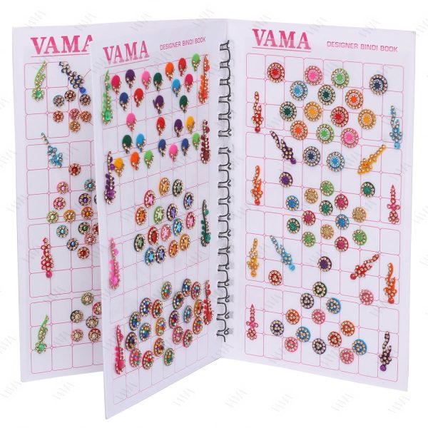 VAMA Multicolor Mix Size Mix Designer Assorted Velvet Self-Adhesive Paper Cutting Golden Diamond Stone Round Long Sparkle Kumkum Bindi Book For Women, 17 Cm X 10 cms