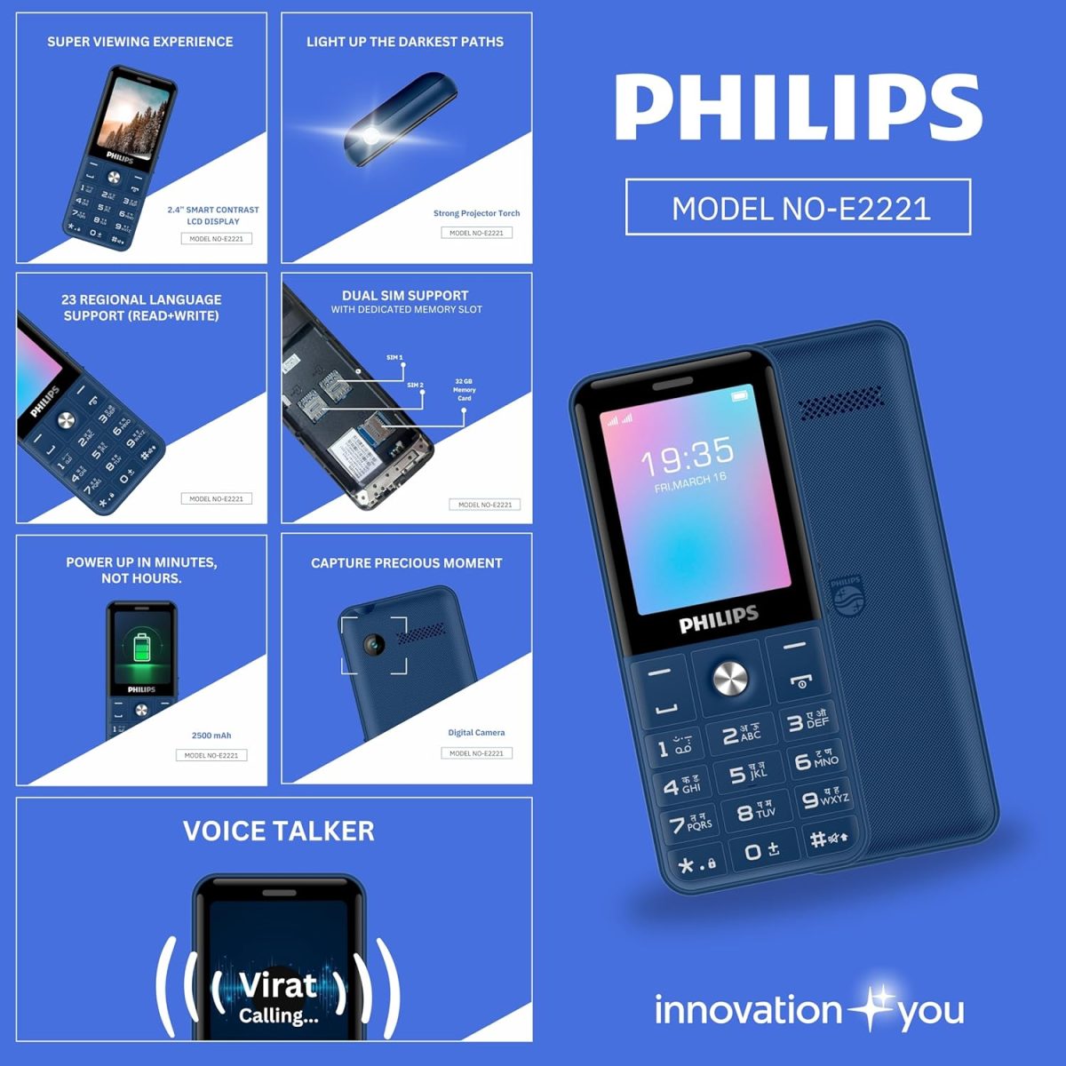 Philips All-New E2221 Sleek & Stylish |Keypad Mobile with 2.4" Screen|2500 MAH Battery | 2030mm Speaker| Wireless FM | Bright Torch| Digital Camera|Blue - Image 8