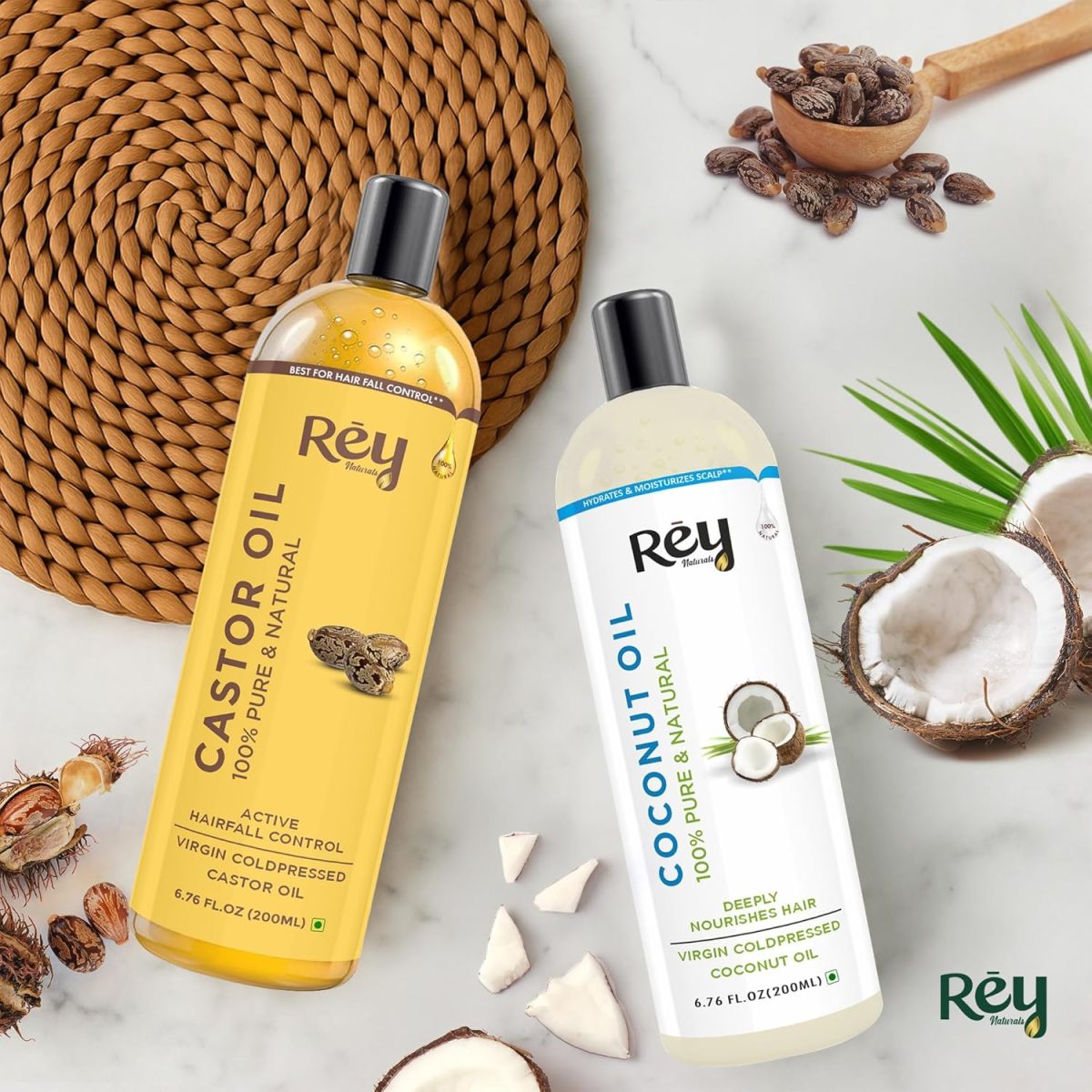 Rey Naturals Cold Pressed Castor Oil & Virgin Coconut Oil For Hair Growth - 200ml×2 | Coconut Oil For Skin Care | Castor Oil For Skin, Eyelashes & Eyebrows | Non Comedogenic Hair Oil For Hair Growth - Image 8