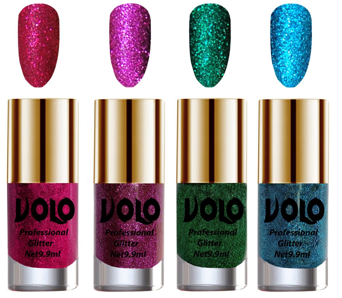Volo Professionally Used Glitter Shine Nail Polish Combo Pack of 4(Magenta Glitter, Purple Glitter, Dark Green Glitter, Sky Blue Glitter)