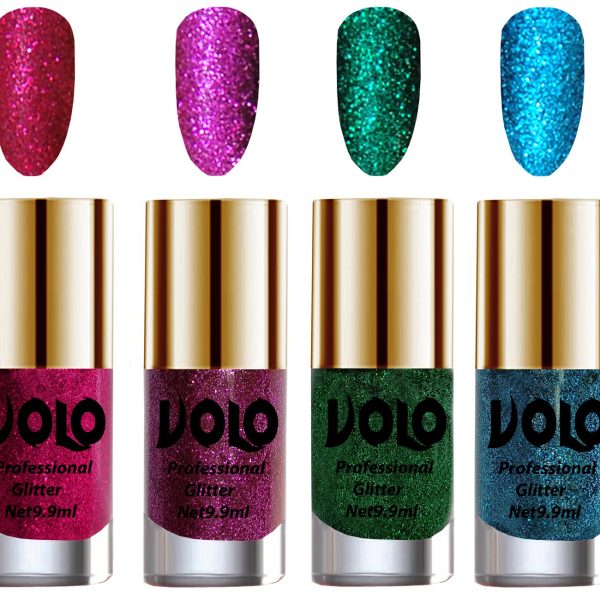 Volo Professionally Used Glitter Shine Nail Polish Combo Pack of 4(Magenta Glitter, Purple Glitter, Dark Green Glitter, Sky Blue Glitter)