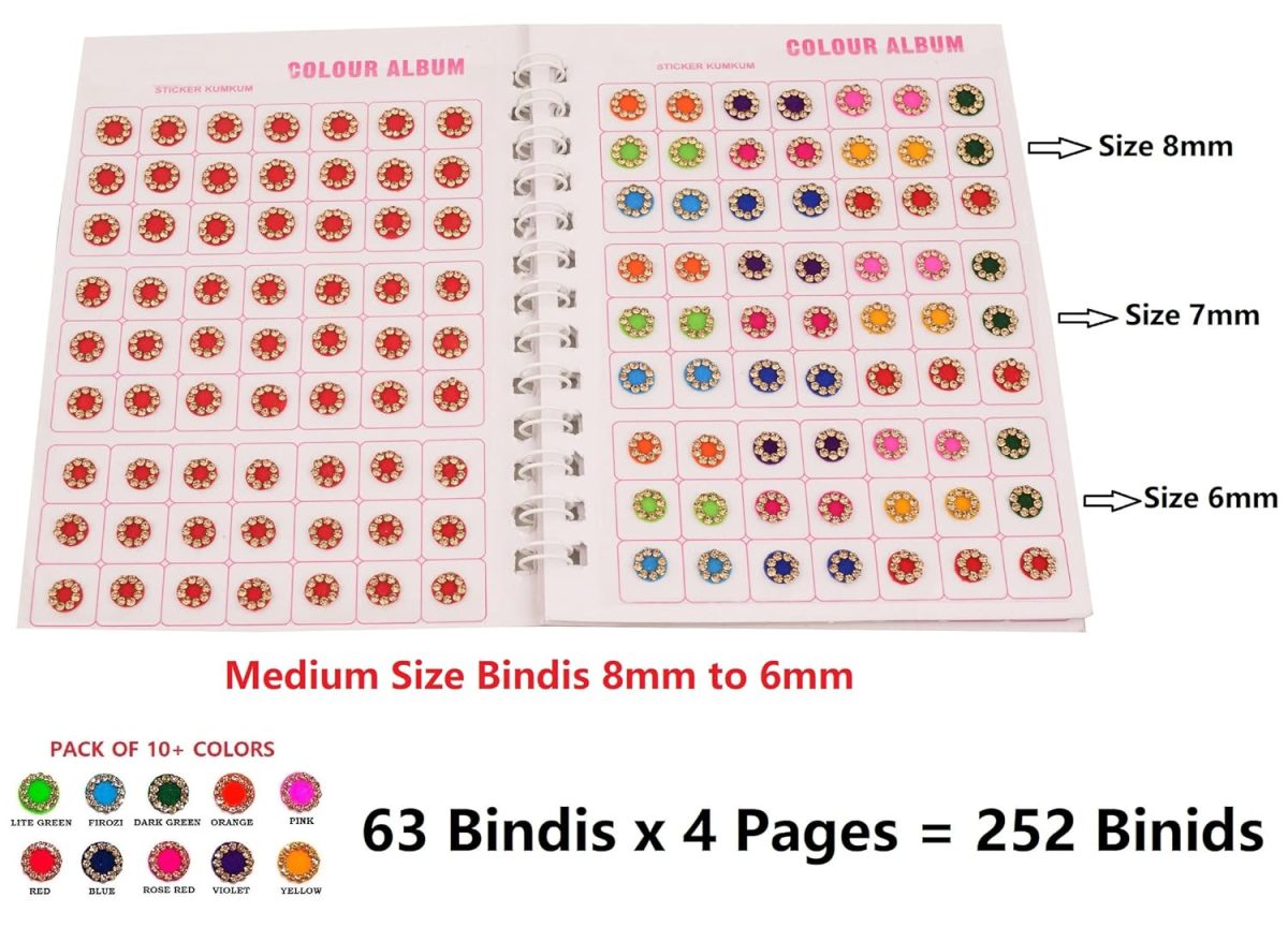 VAMA Multicolour Stone Bindi Kumkum Forehead Sticker Bindiya Bindi Booklet for Ladies & Girls (Medium Size 252 Stone Bindis Booklet) - Image 4