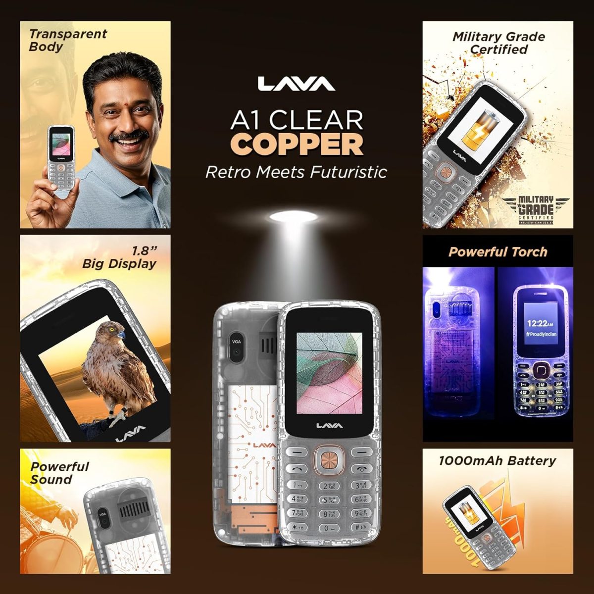 Lava A1 Clear Copper Keypad Mobile Phone with Long Lasting Smart AI Battery | 1.77inch Display | Bluetooth Support | Military Grade Certified | 32 GB Expandable Memory | (Clear) - Image 8