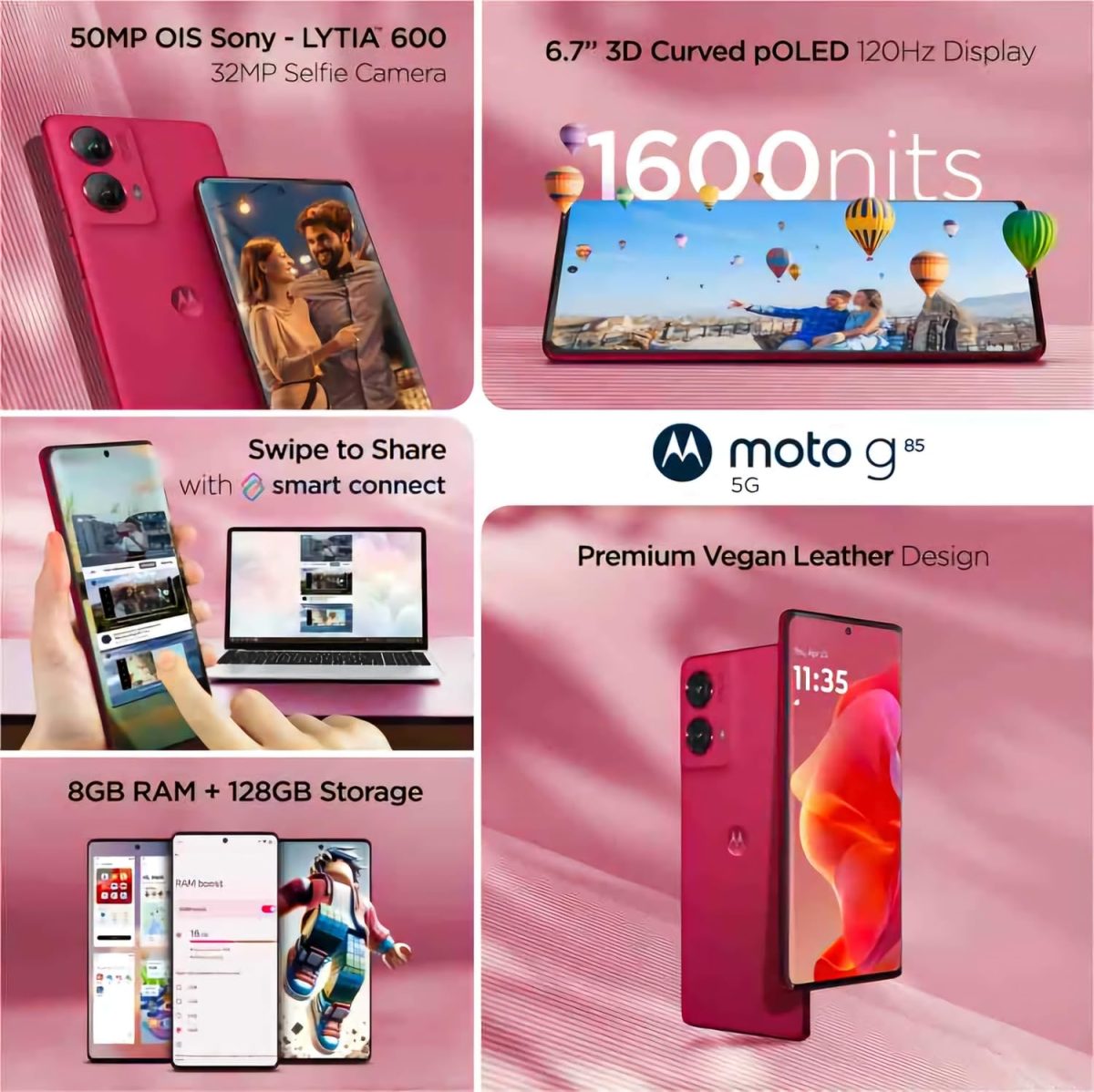 Motorola G85 5G (Viva Magenta, 12GB RAM, 256GB Storage) | 6.7" pOLED Display | Snapdragon 6 Gen1 Processor | 50MP OIS Camera | 16MP Front Camera | 5000mAh Battery | 33W Charging - Image 7