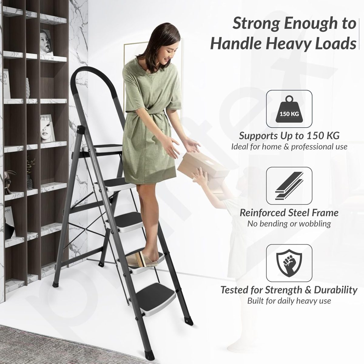 Plantex 5 Step Ladder - Foldable Steel -Wide Anti Skid Steps - 5 Year Manufacturer Warranty(Gray & White) - Image 6