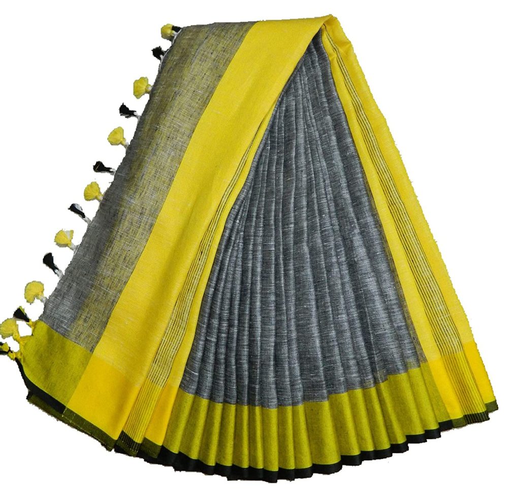 HAIDER ALI AND SONS Pure Linen Saree for Women With Unstitched Blouse Piece | Traditional Ethnic wear Summer Saree (Grey)