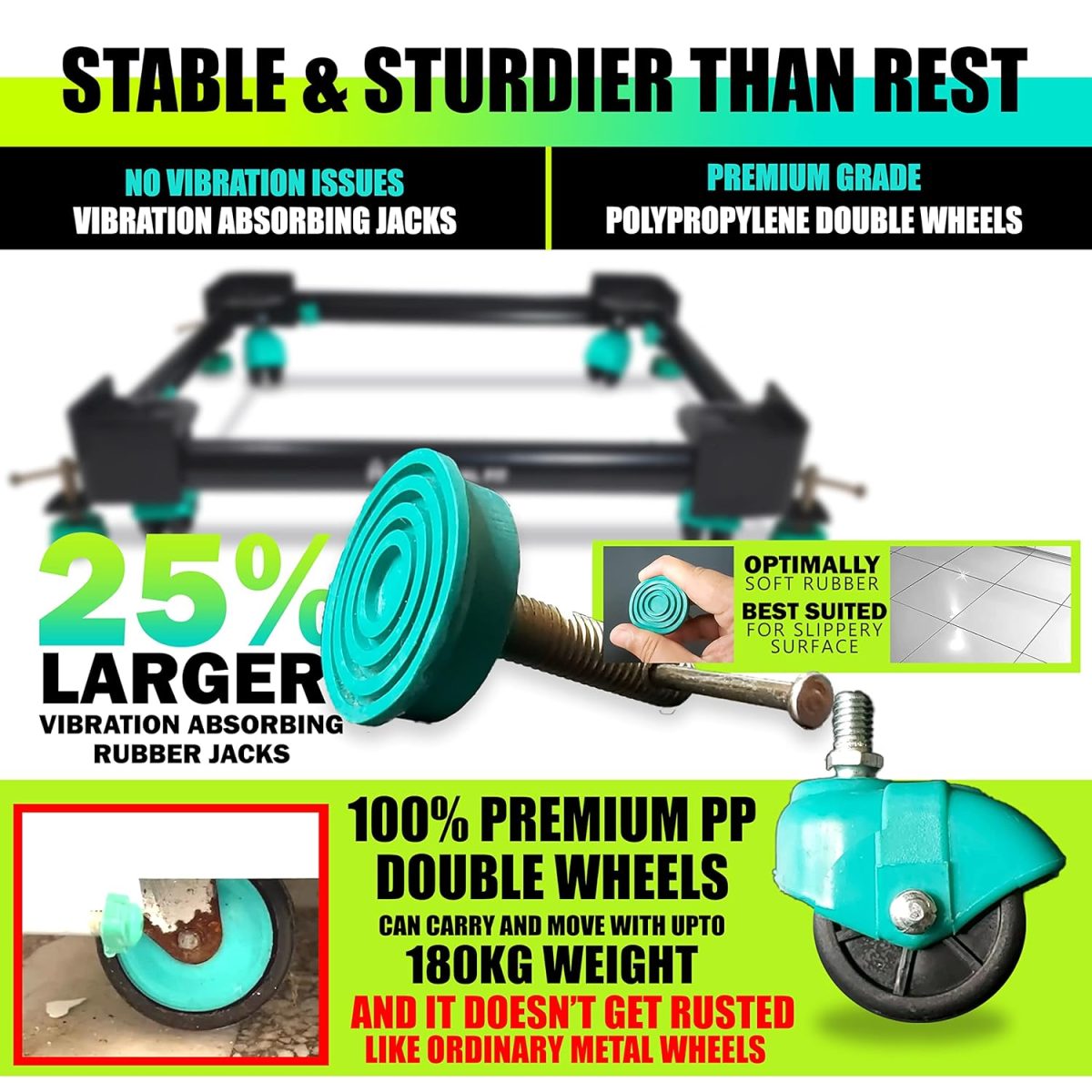 LSRP'S Universal Fit 100% Heavy Metal Made - Adjustable All Sides Fully Automatic Top Load Washing Machine Stand 9kg Front Load (6kg - 10kg Capacity Machine) with Washing Machine Bush For Grip - Black - Image 5