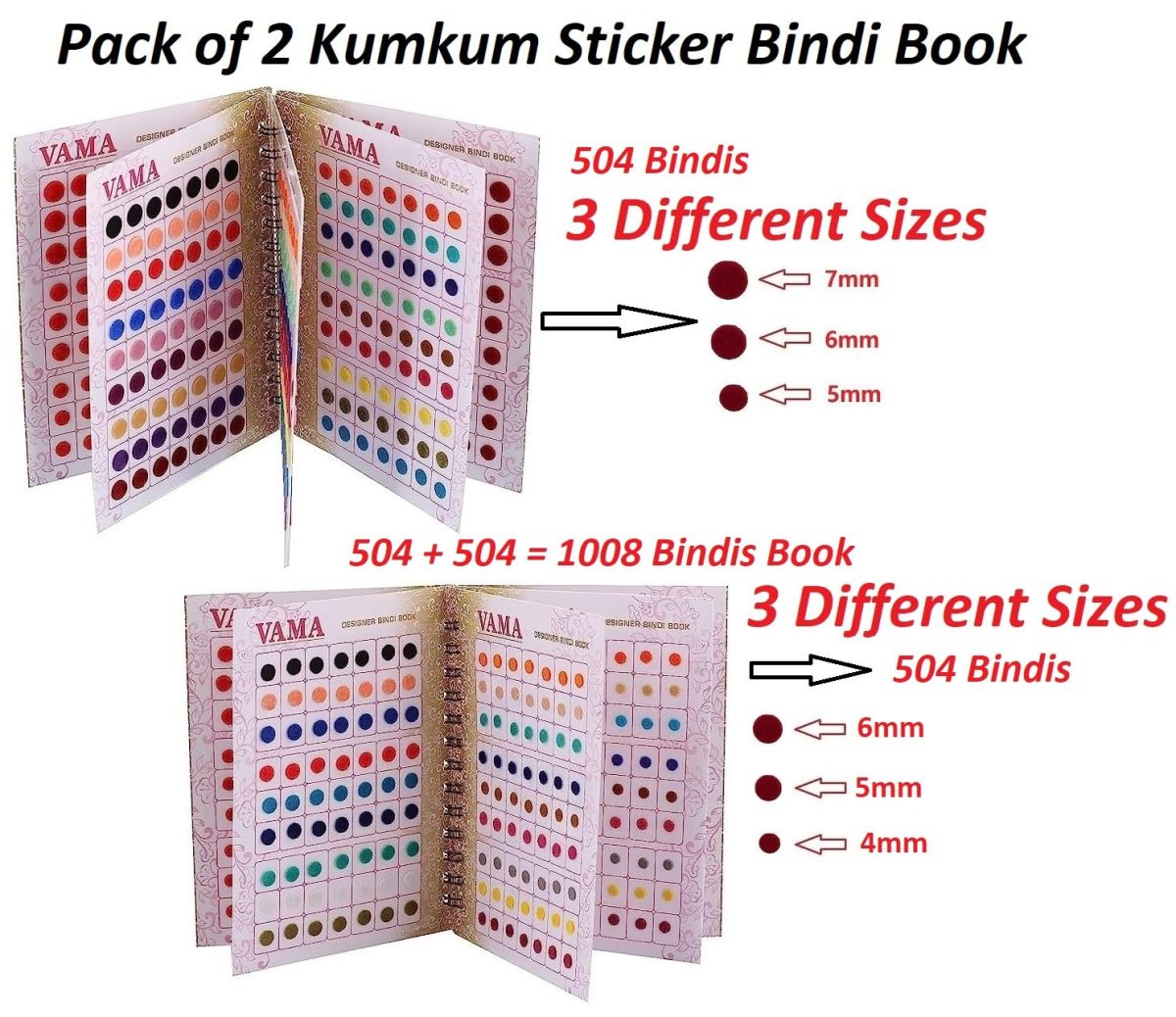 VAMA FASHIONS Multicolour Plain Round Small Medium Bindis Book kumkum sticker pottu Booklet for Girls & Women (2 bindi booklet 504+504 = 1008 Bindis Books) - Image 2