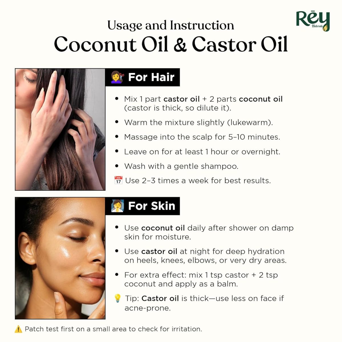 Rey Naturals Cold Pressed Castor Oil & Virgin Coconut Oil For Hair Growth - 200ml×2 | Coconut Oil For Skin Care | Castor Oil For Skin, Eyelashes & Eyebrows | Non Comedogenic Hair Oil For Hair Growth - Image 5