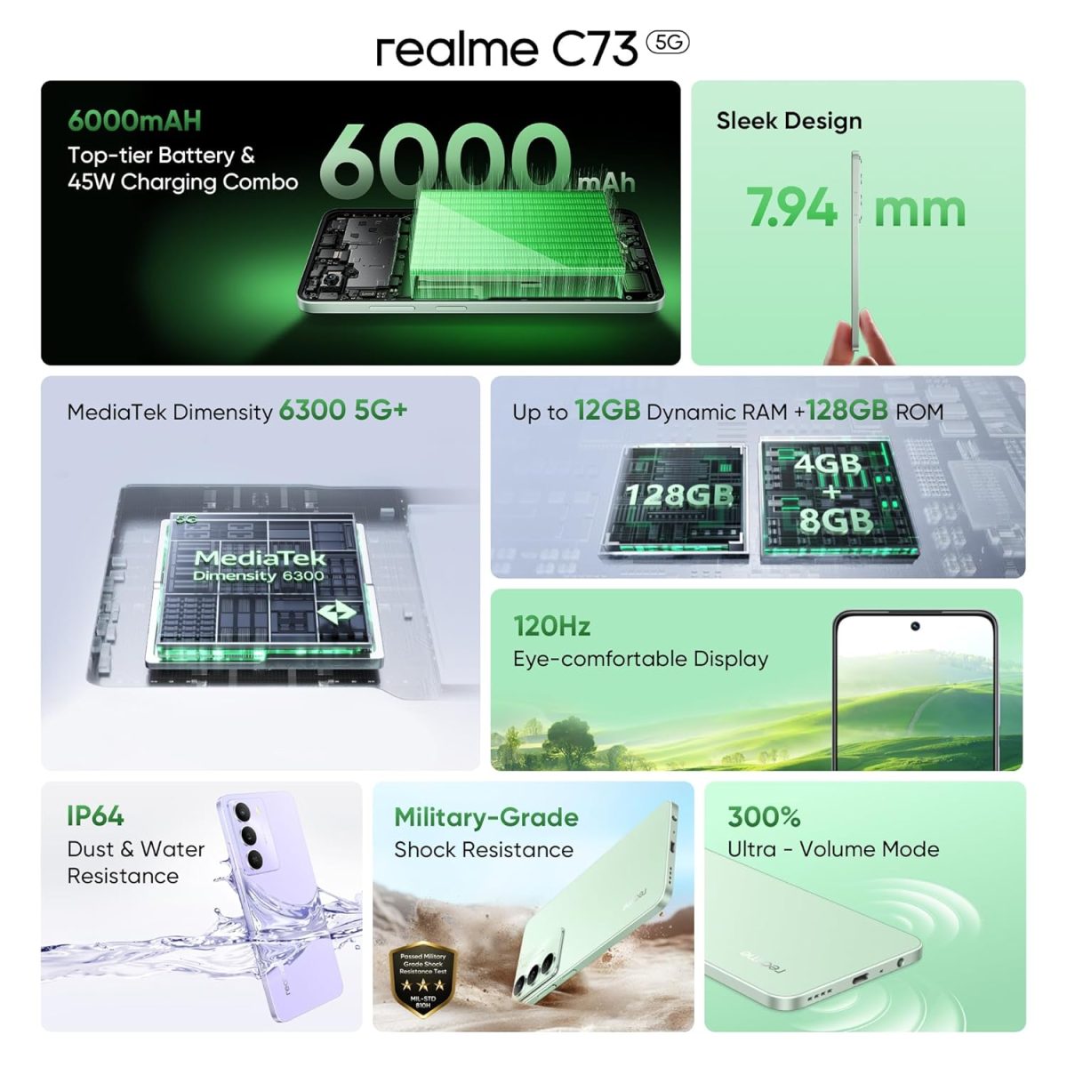 realme C73 5G Smartphone 4+128GB Onyx Black, 6.67-inch Screen, 120Hz Display,6000mAh Battery, 40MP Camera, MediaTek Dimensity 6300 Processor, IP64 - Image 9