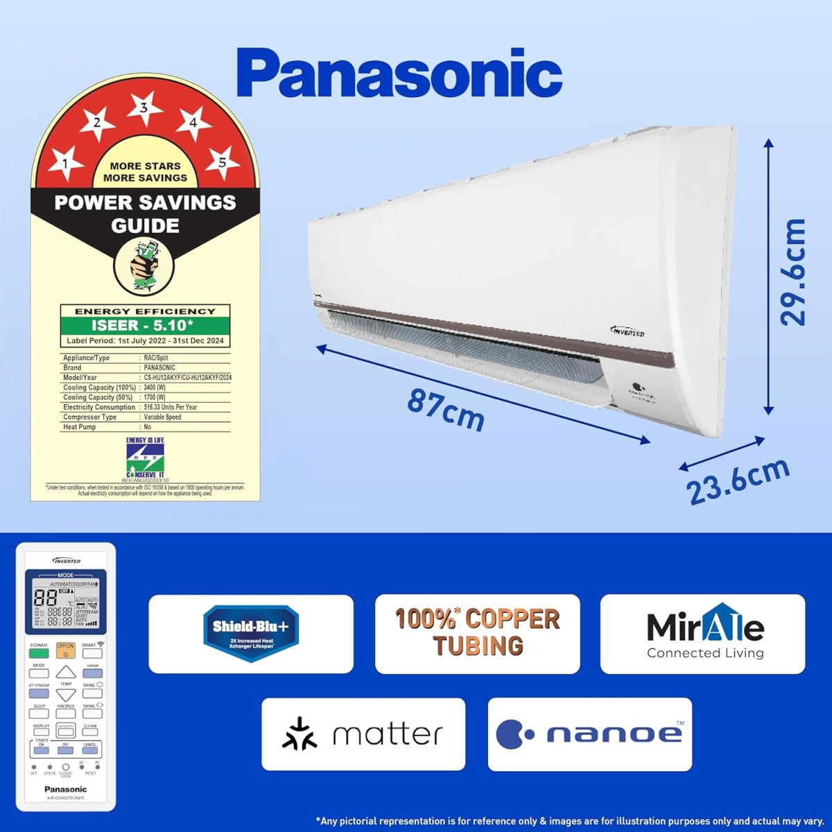 Panasonic 1 Ton 5 Star Wi-Fi Inverter Smart Split AC (Copper Condenser, 7 in 1 Convertible with True AI Mode, 4 Way Swing, nanoe X Air Purification Technology, CS/CU-HU12AKYF, White) - Image 3