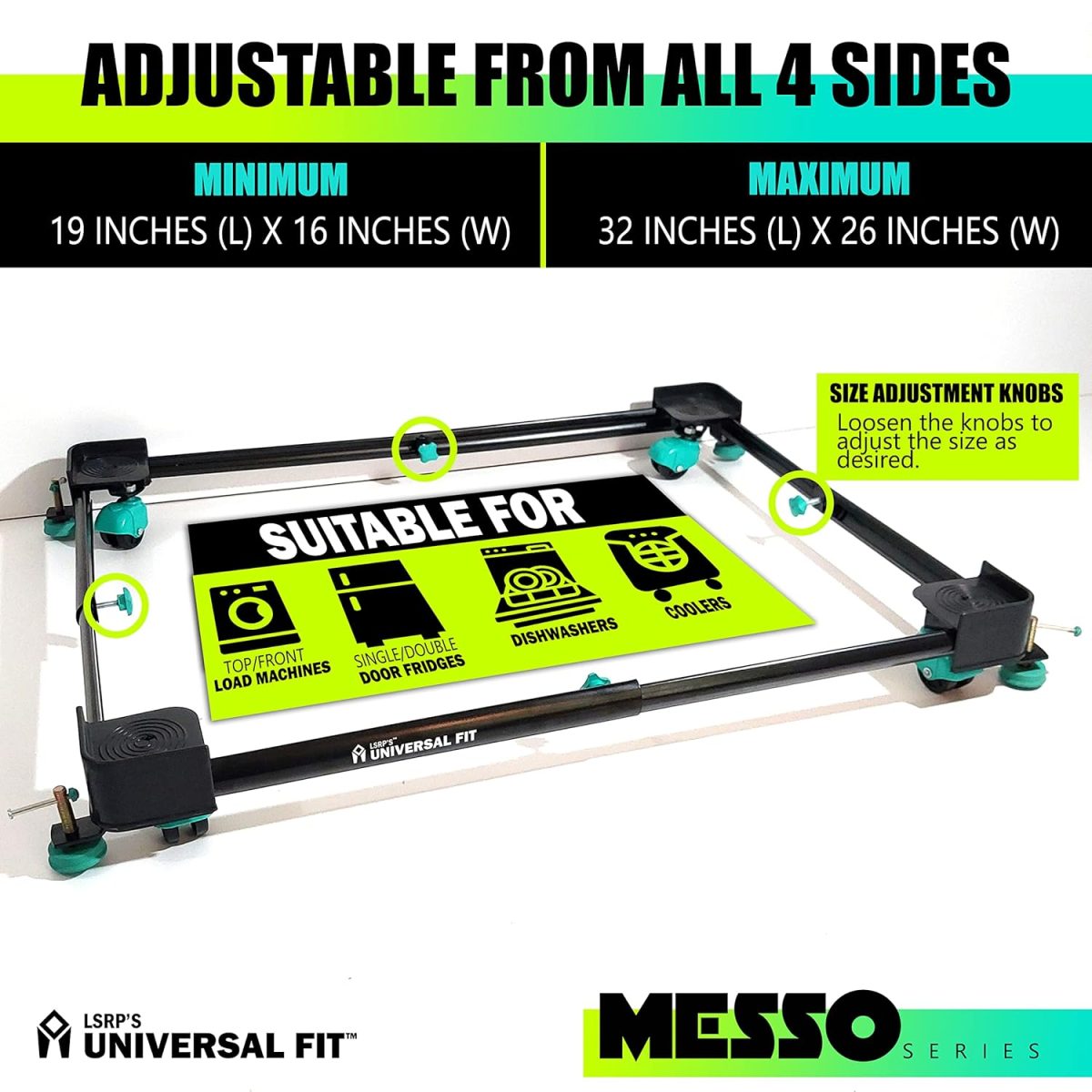 LSRP'S Universal Fit 100% Heavy Metal Made - Adjustable All Sides Fully Automatic Top Load Washing Machine Stand 9kg Front Load (6kg - 10kg Capacity Machine) with Washing Machine Bush For Grip - Black - Image 3