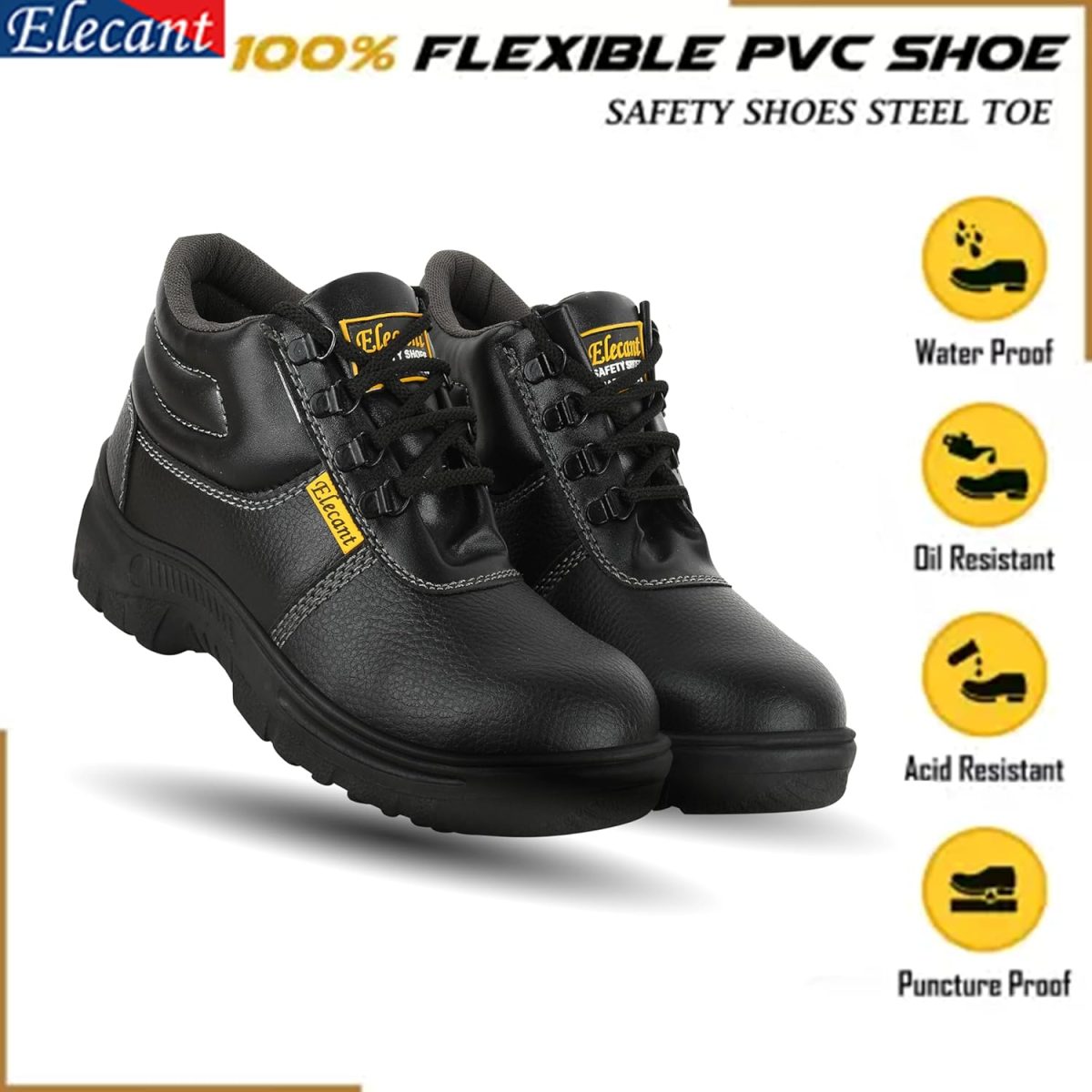 ELECANT Lace-up Steel Toe, PVC Sole and Rexine Upper Black Safety Shoes for Construction, Factory and Industrial Work||Safety Shoes for Men - Image 2