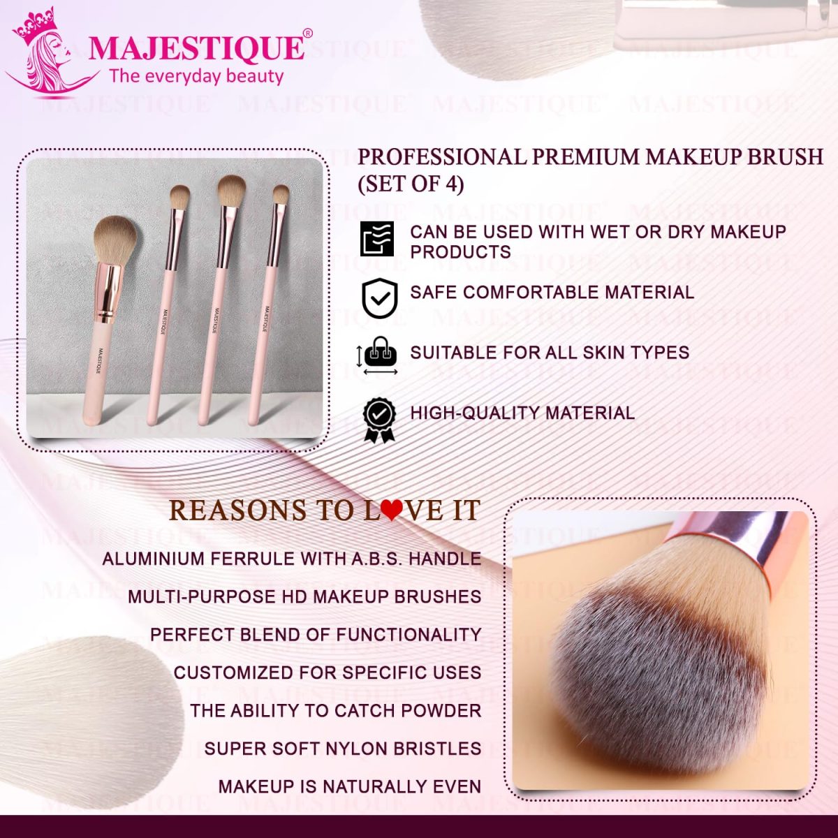 Majestique Face Makeup Brush Set of 4 - Professional Makeup Brushes for Powder, Blush, Eyeshadow & Eyebrow - Essential Makeup Brush Set for Beginners & Pros - Image 6
