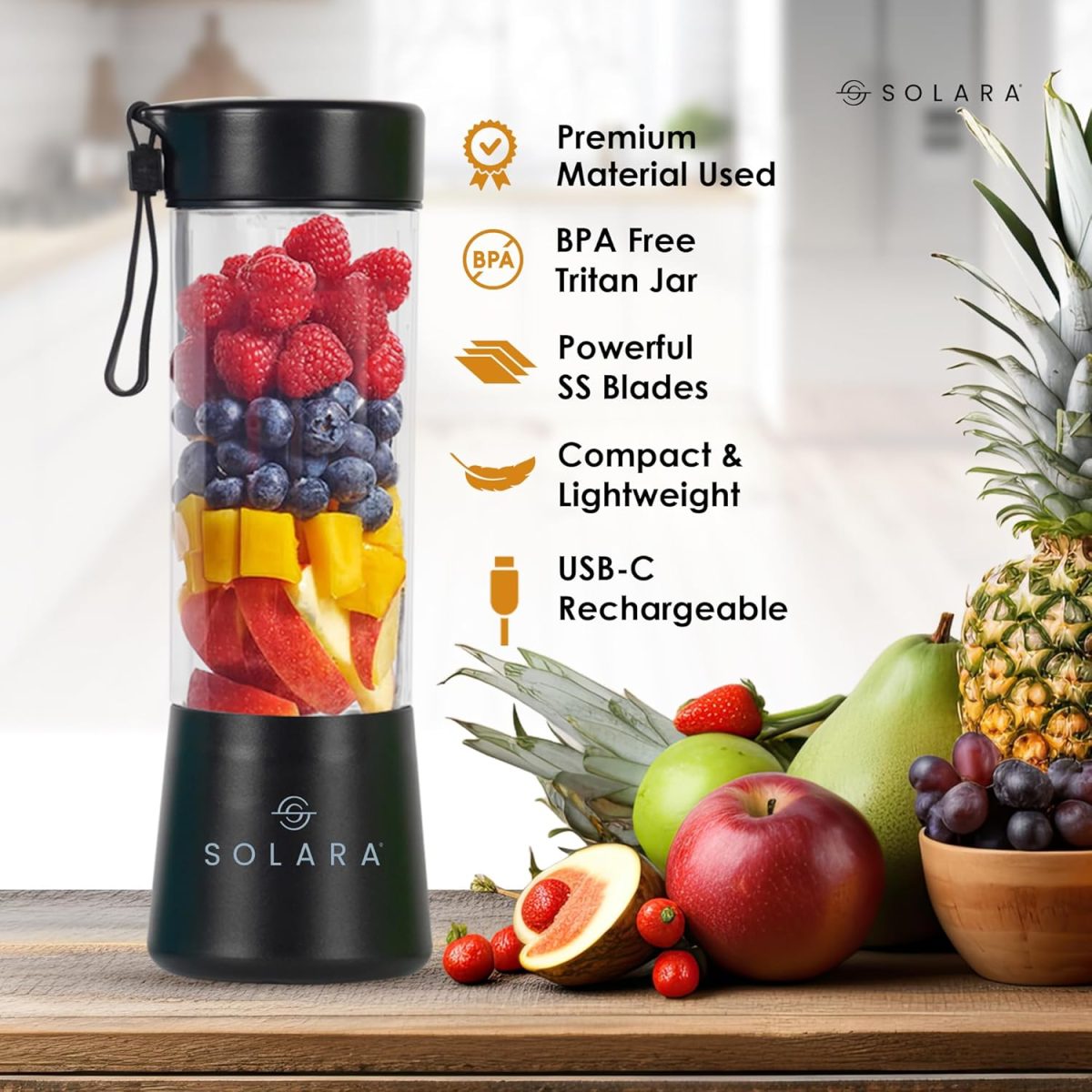 SOLARA Blendkwik Portable Blender for Juices, Shakes, Smoothies, Crushing Ice, USB Rechargeable Battery with 4000 mAh 180Watts Motor,450ml, Black Knight - Image 2