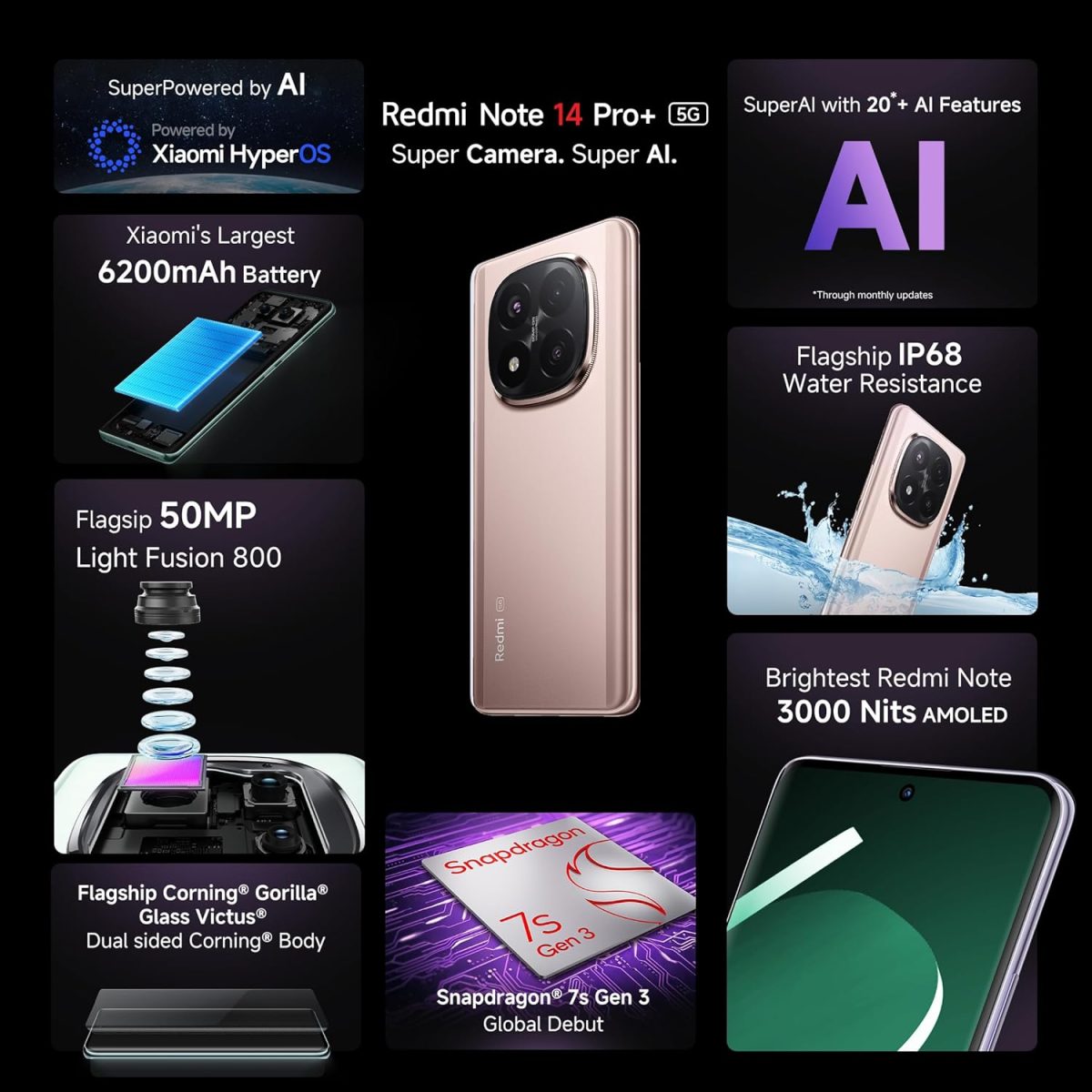 Redmi Note 14 Pro+ 5G Champagne Gold 8GB RAM 128GB Storage| 50 MP Triple Camera with Telephoto | Corning Gorilla Glass Victus 2 | IP68 IP69 | SD 7s Gen 3 - Image 2