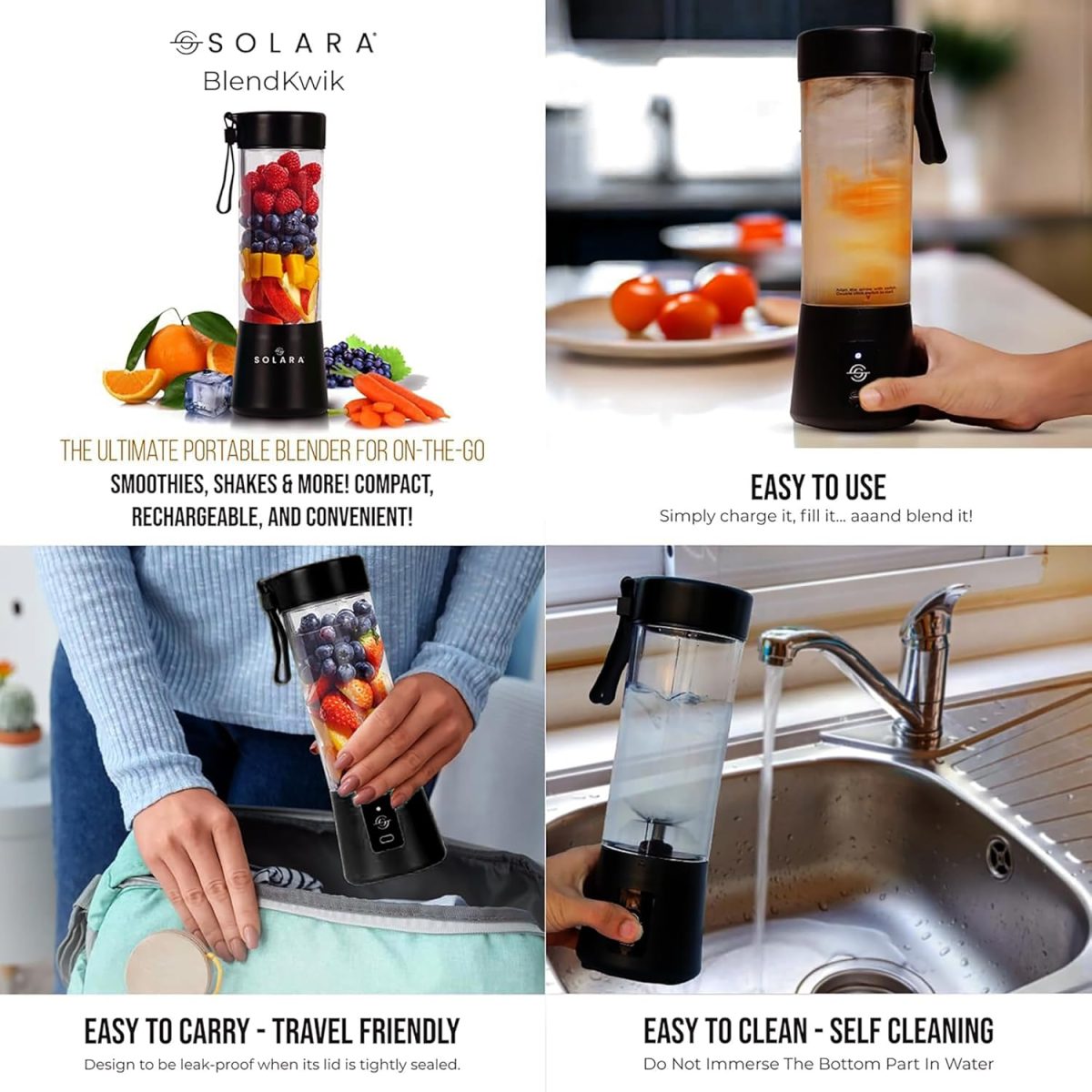SOLARA Blendkwik Portable Blender for Juices, Shakes, Smoothies, Crushing Ice, USB Rechargeable Battery with 4000 mAh 180Watts Motor,450ml, Black Knight - Image 4