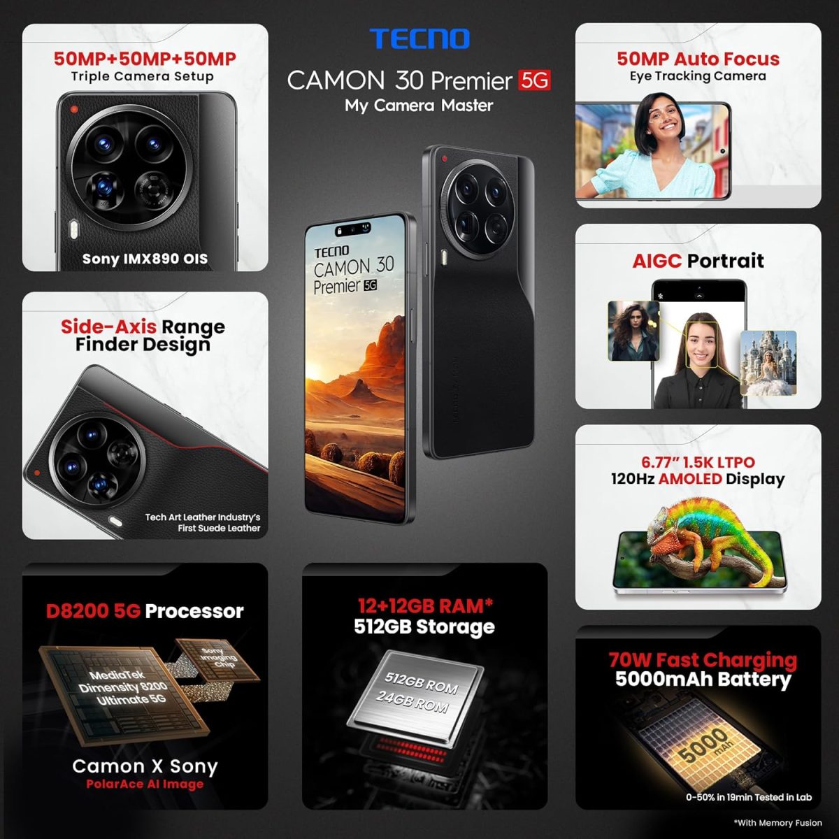 Tecno CAMON 30 Premier 5G (Lava Black, 12GB+512GB) | 50 MP Camera | 6.77" LTPO AMOLED Display | MediaTek Dimensity 8200 | 5000mAh Battary + 70W Charger| PolarAce Image Processor - Image 2