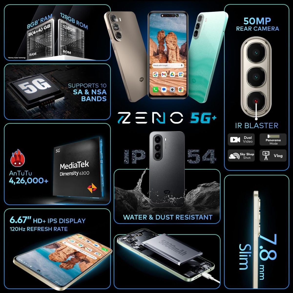 ZENO 5G AI Smartphone | 4GB RAM 128GB ROM | IP54 Rated for Dust & Water Resistance | D6300 5G Processor | 6.7" HD+ 120Hz Punch-Hole Display | 50MP Camera | 5-Year Fluency | Wave Green - Image 3