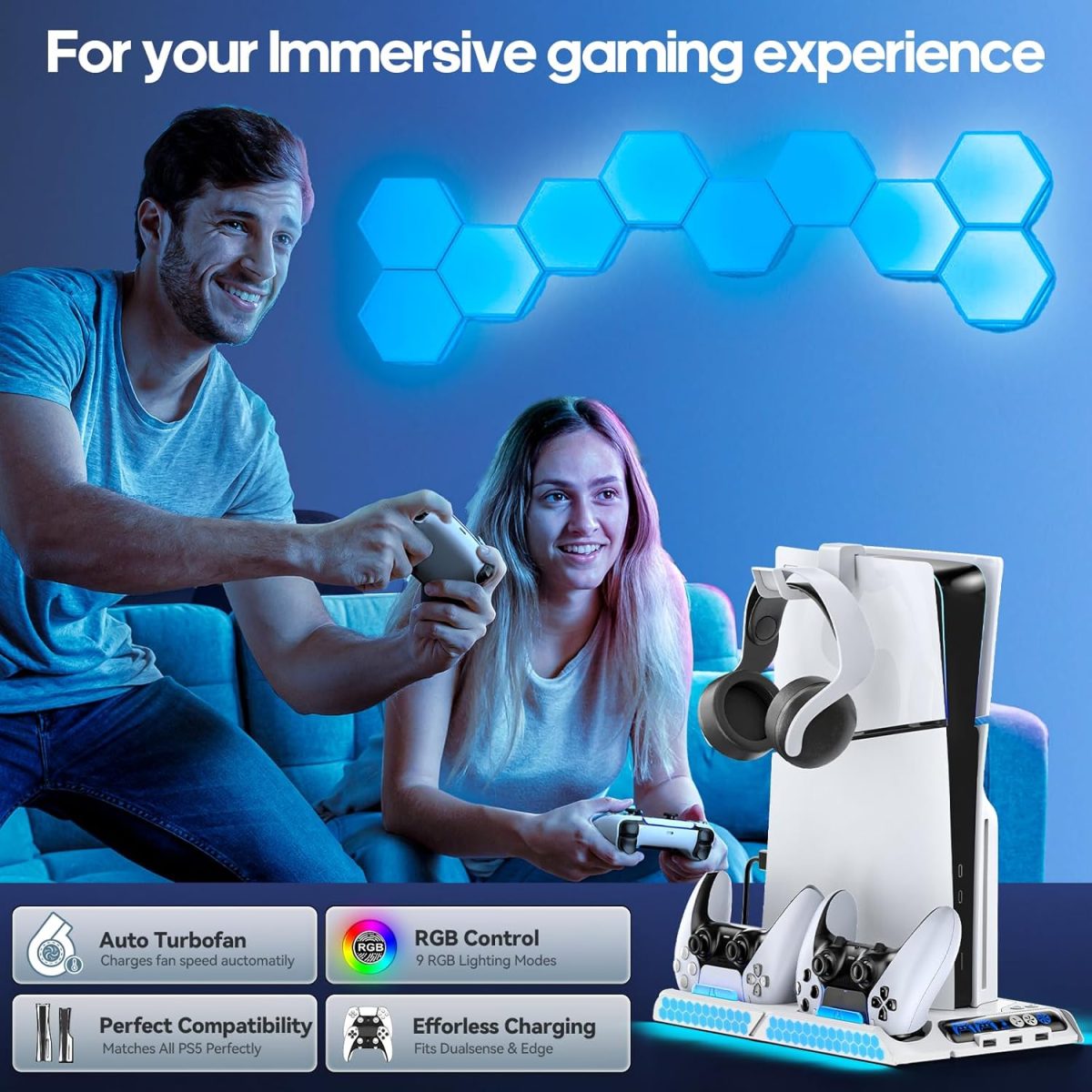 KDD PS5/PS5 Slim Stand with Auto Turbofan, 3-Level Cooling Fans, RGB Lights, Accessories for PS5 2023 Slim & 2020 Digital/Disc Consoles - Image 7