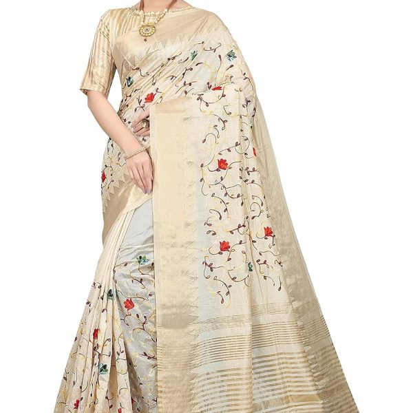 SERONA FABRICS Women's Assam Cotton Silk With Golden Border Thread Embroidered Banarasi Saree With Blouse Piece