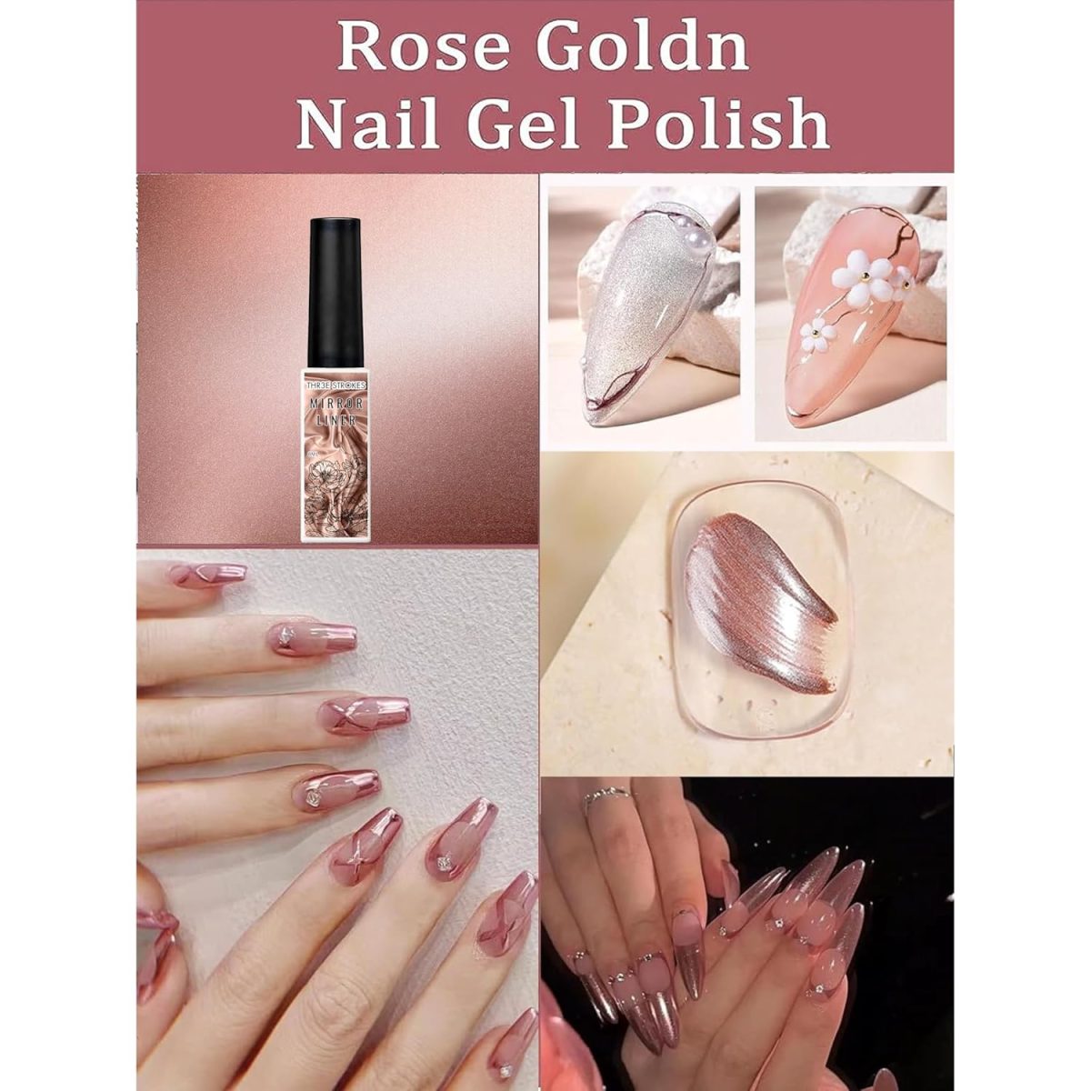 THR3E STROKES Metallic Gel Nail Polish - 3D Gold Silver Art Painting Liner for Home Salon Design (Need UV Light) (Set of 3) - Image 3