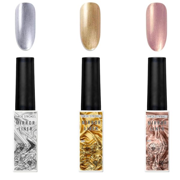 THR3E STROKES Metallic Gel Nail Polish - 3D Gold Silver Art Painting Liner for Home Salon Design (Need UV Light) (Set of 3)